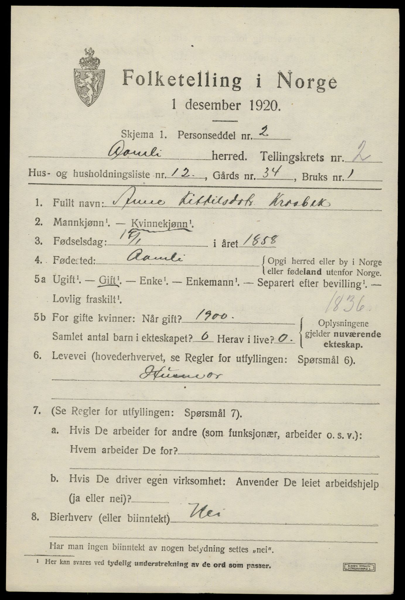 SAK, Folketelling 1920 for 0929 Åmli herred, 1920, s. 989