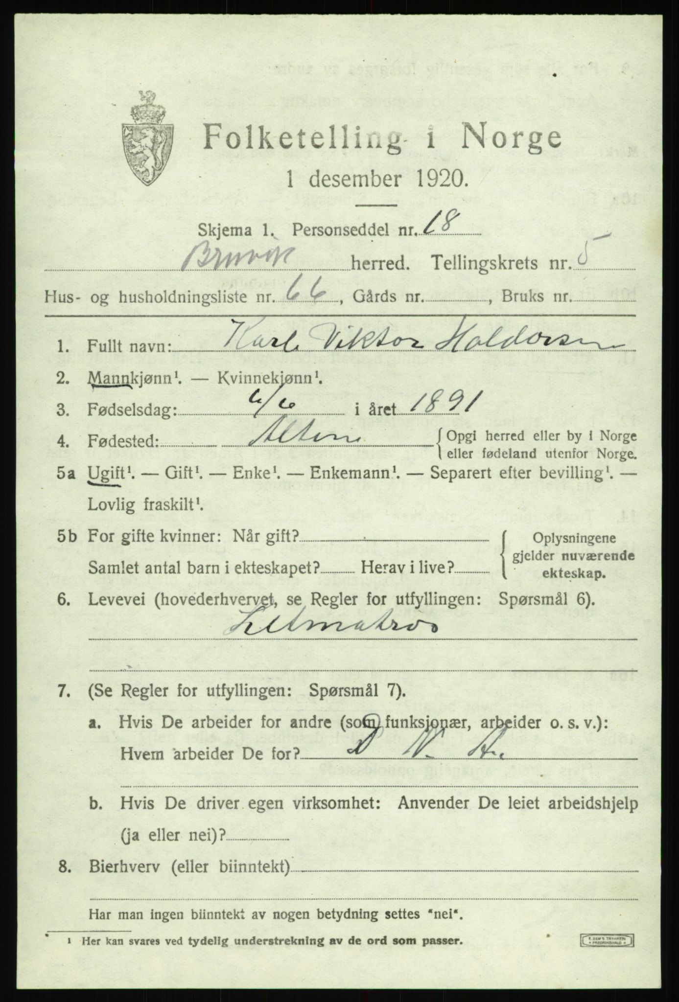 SAB, Folketelling 1920 for 1251 Bruvik herred, 1920, s. 3834