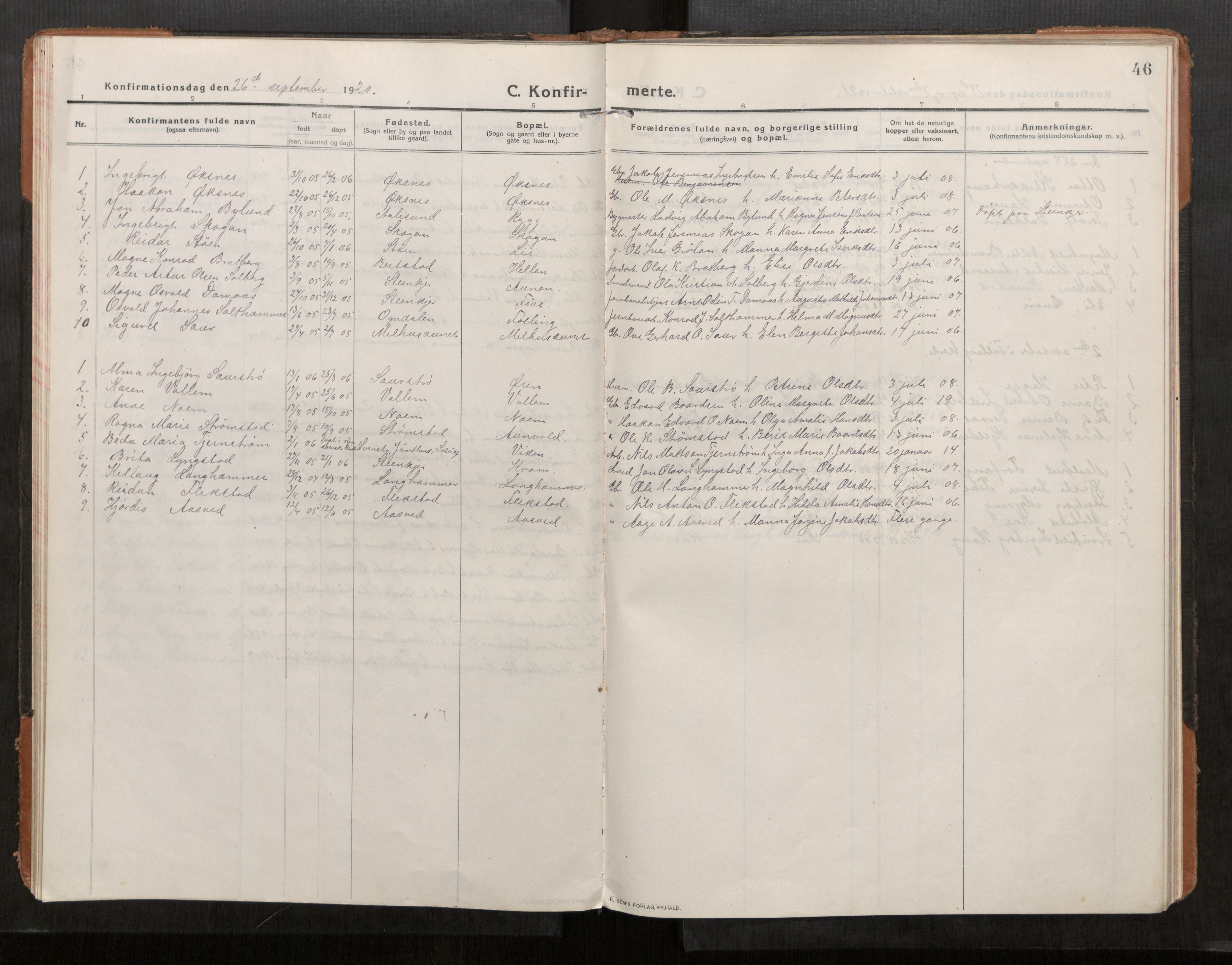 Stod sokneprestkontor, AV/SAT-A-1164/1/I/I1/I1a/L0004: Ministerialbok nr. 4, 1913-1933, s. 46