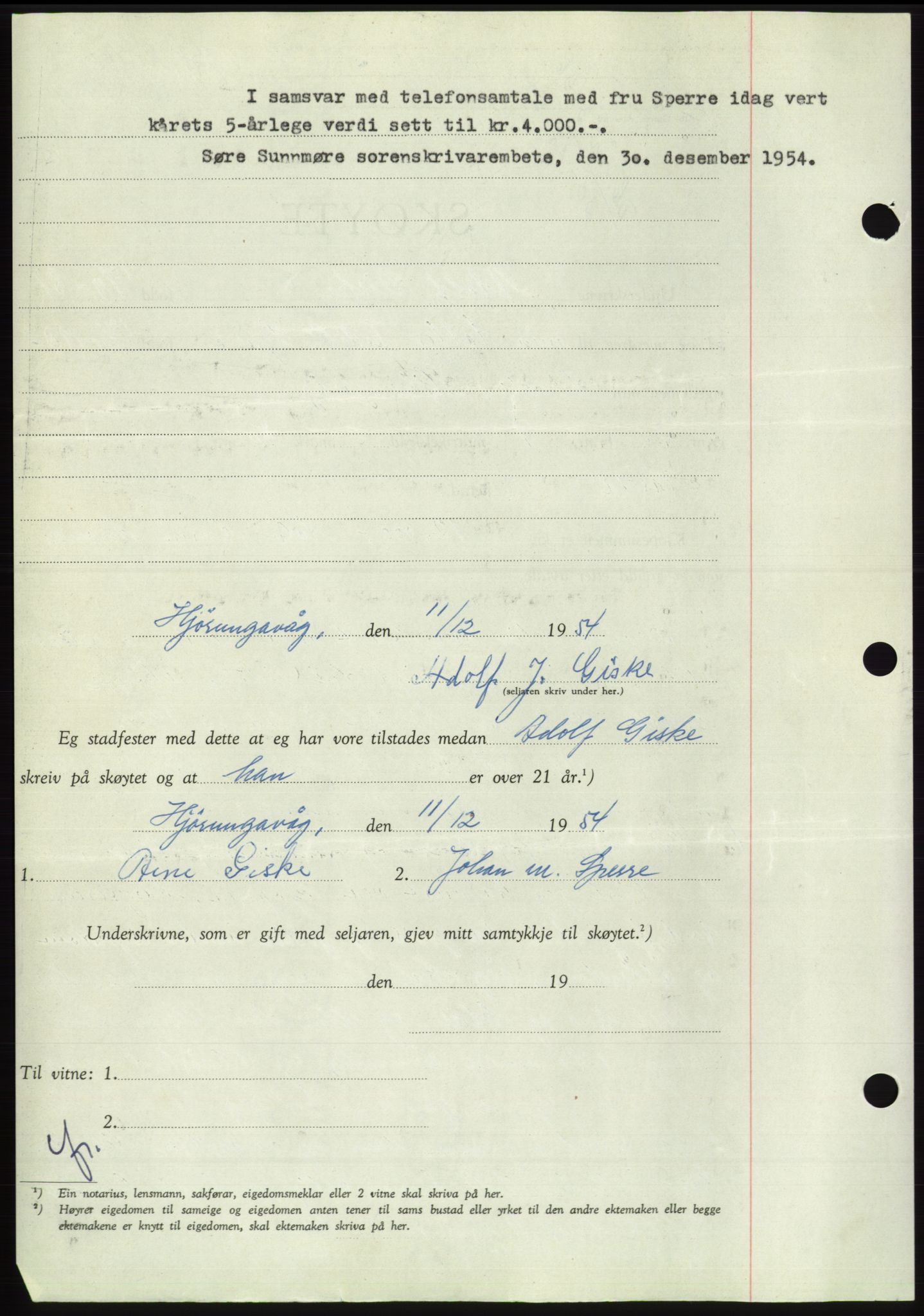 Søre Sunnmøre sorenskriveri, AV/SAT-A-4122/1/2/2C/L0100: Pantebok nr. 26A, 1954-1955, Dagboknr: 3466/1954