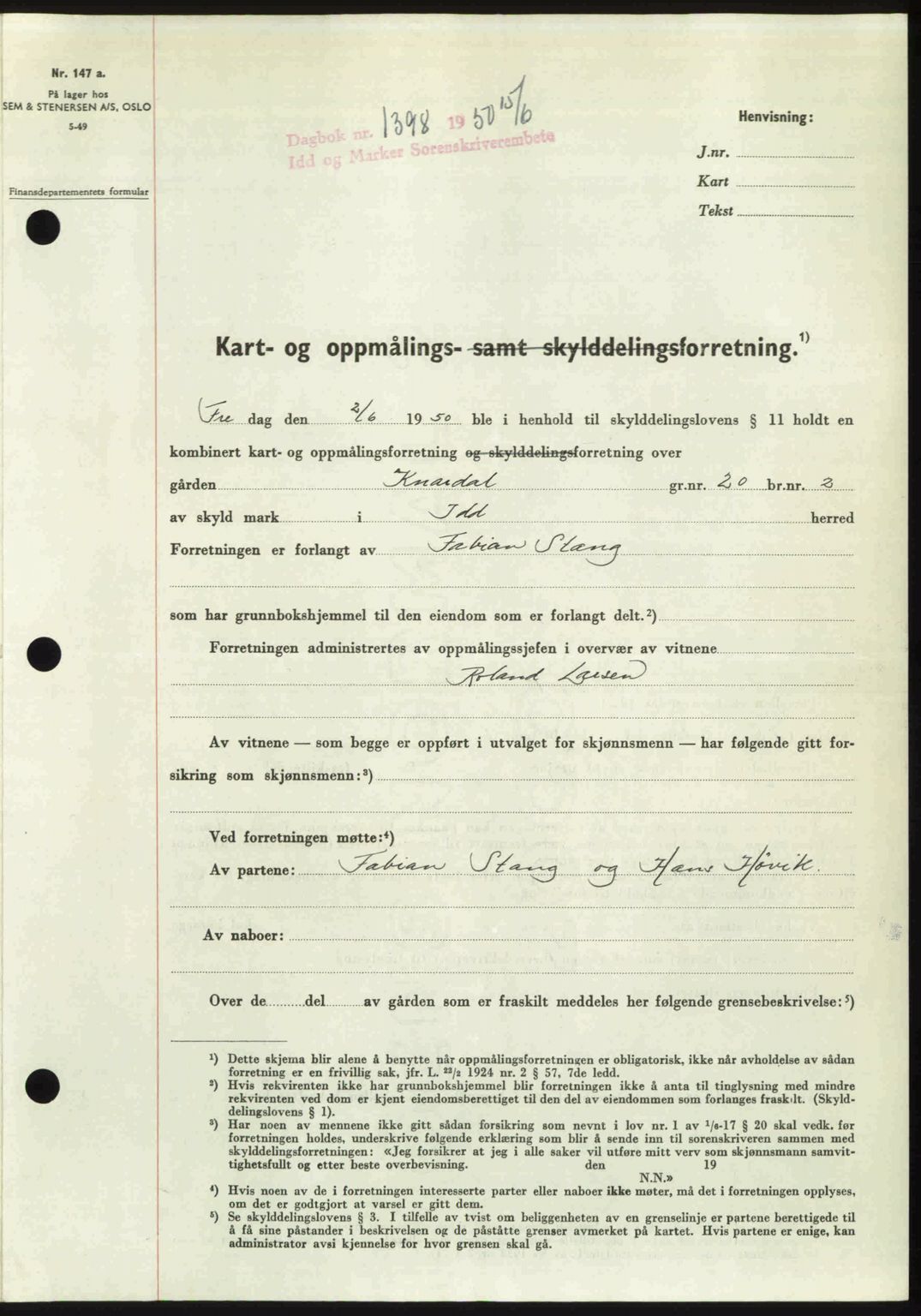 Idd og Marker sorenskriveri, AV/SAO-A-10283/G/Gb/Gbb/L0014: Pantebok nr. A14, 1950-1950, Dagboknr: 1398/1950