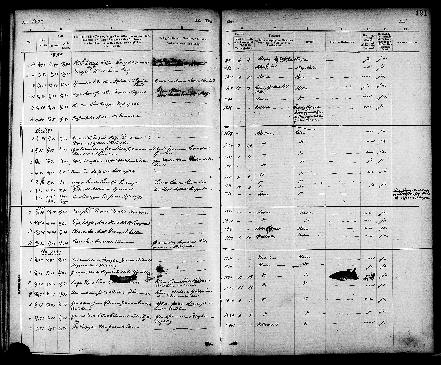 Ministerialprotokoller, klokkerbøker og fødselsregistre - Nord-Trøndelag, AV/SAT-A-1458/714/L0130: Ministerialbok nr. 714A01, 1878-1895, s. 121