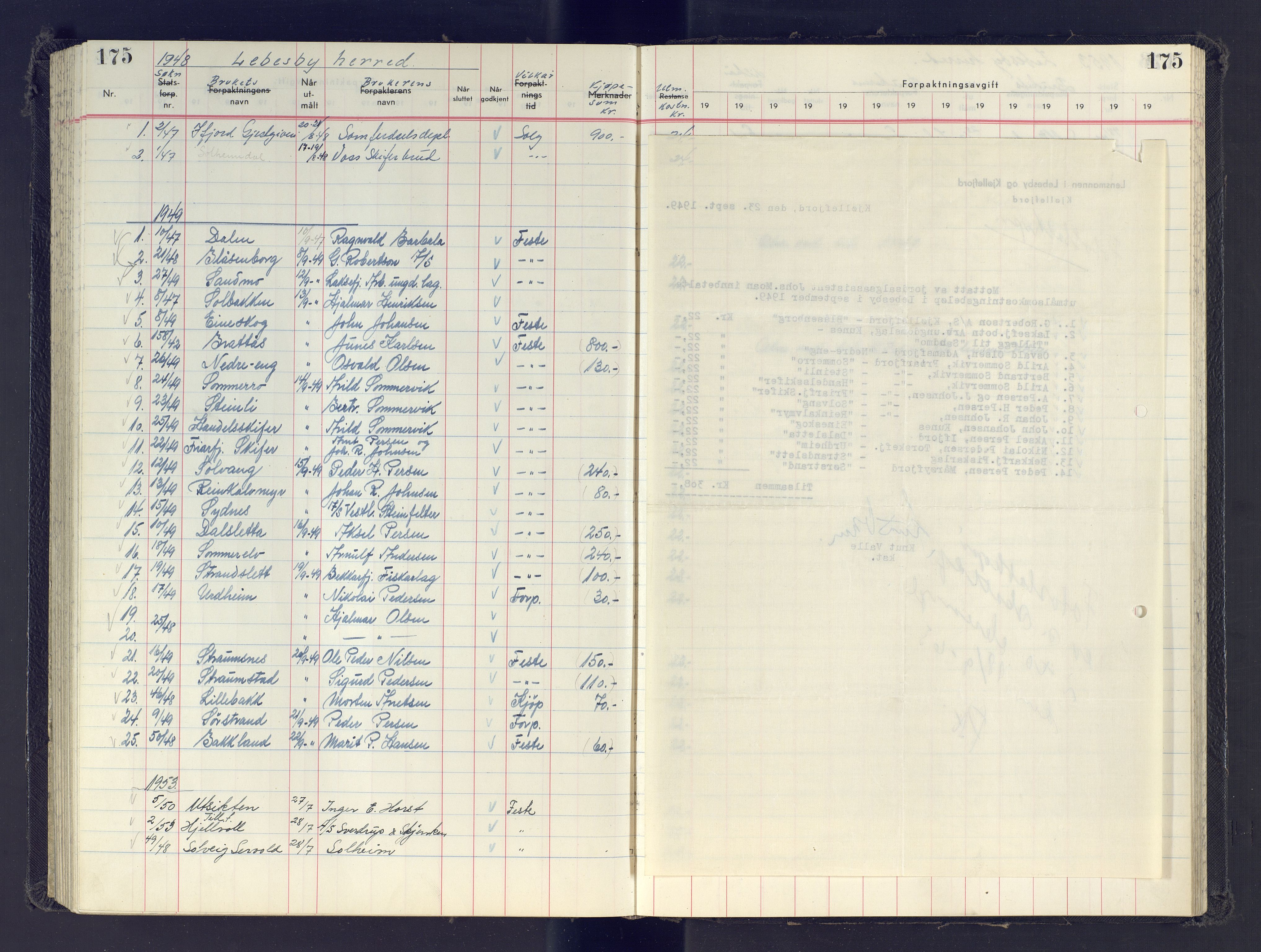 Finnmark jordsalgskommisjon/jordsalgskontor og Statskog SF Finnmark jordsalgskontor, AV/SATØ-S-1443/J/Jb/L0001: Protokoll for salg og forpaktning, 1948-1958, s. 175