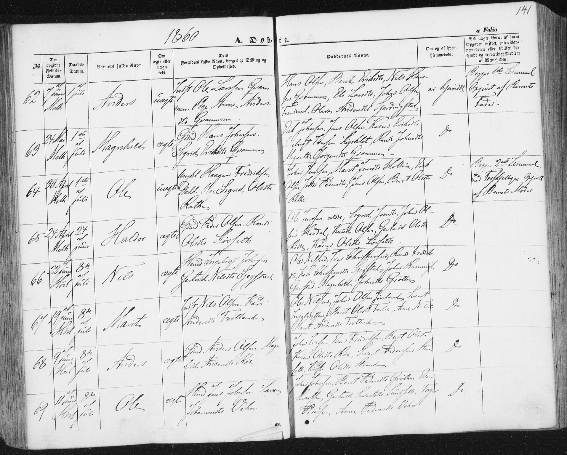 Ministerialprotokoller, klokkerbøker og fødselsregistre - Sør-Trøndelag, SAT/A-1456/691/L1076: Ministerialbok nr. 691A08, 1852-1861, s. 141