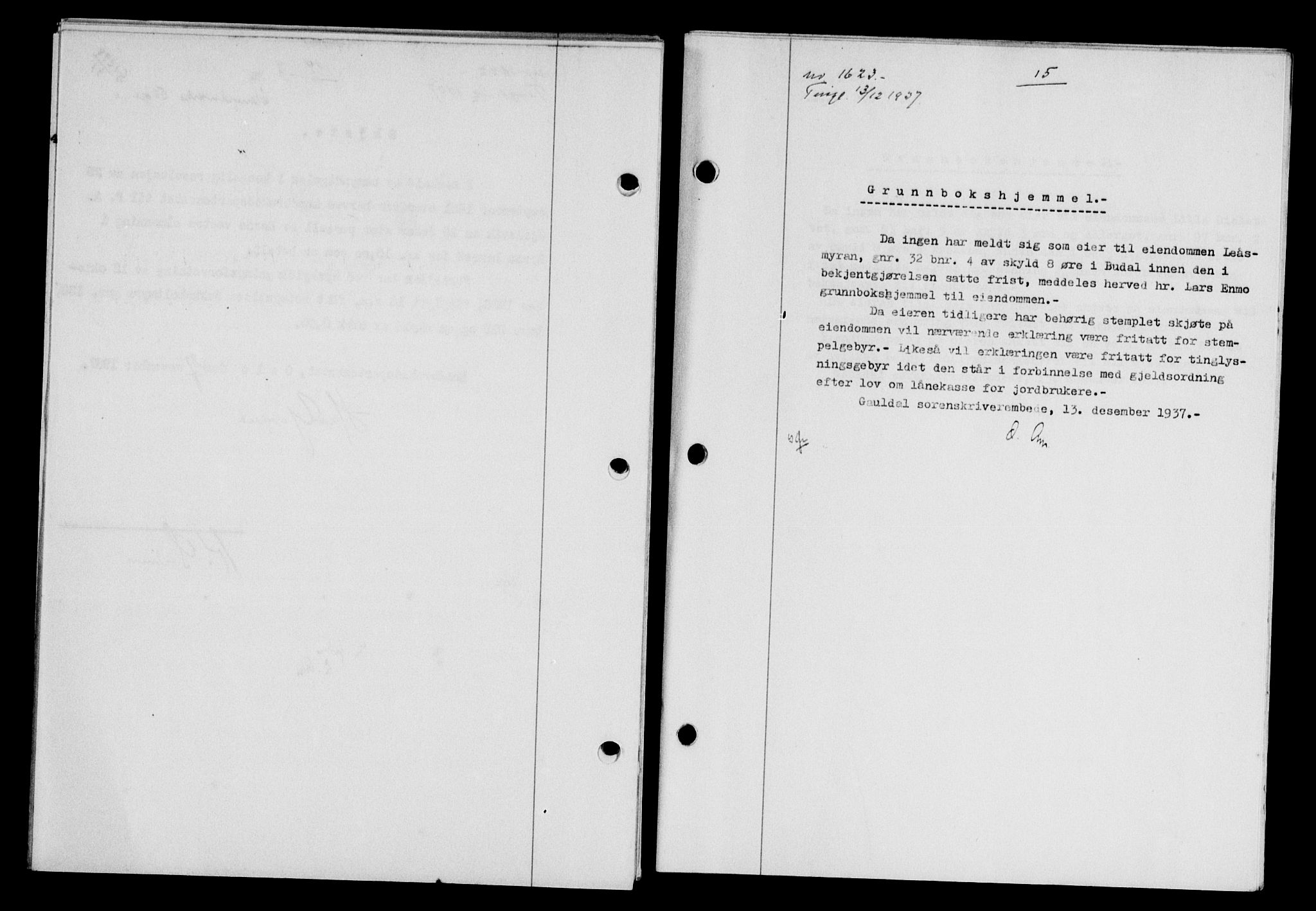 Gauldal sorenskriveri, SAT/A-0014/1/2/2C/L0048: Pantebok nr. 51-52, 1937-1938, s. 15, Dagboknr: 1623/1937
