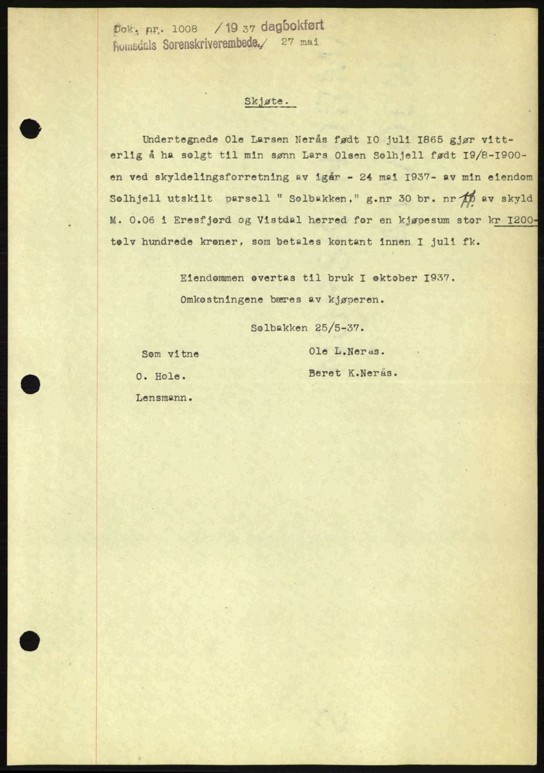 Romsdal sorenskriveri, SAT/A-4149/1/2/2C: Pantebok nr. A3, 1937-1937, Dagboknr: 1008/1937