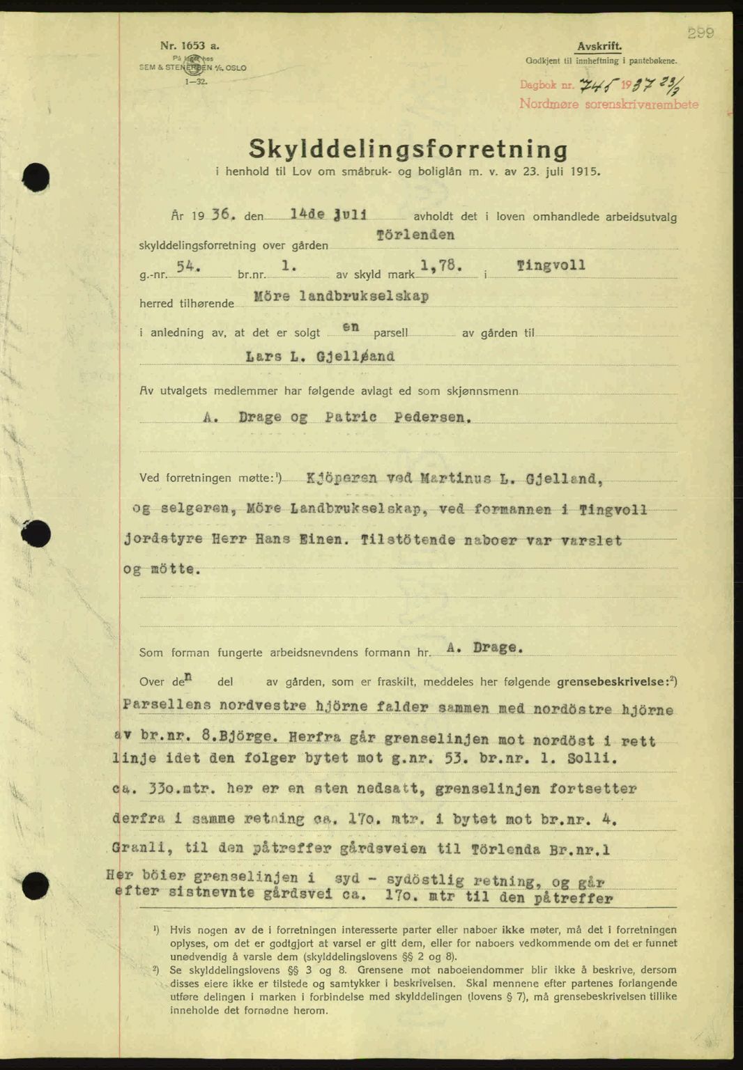 Nordmøre sorenskriveri, SAT/A-4132/1/2/2Ca: Pantebok nr. A81, 1937-1937, Dagboknr: 745/1937