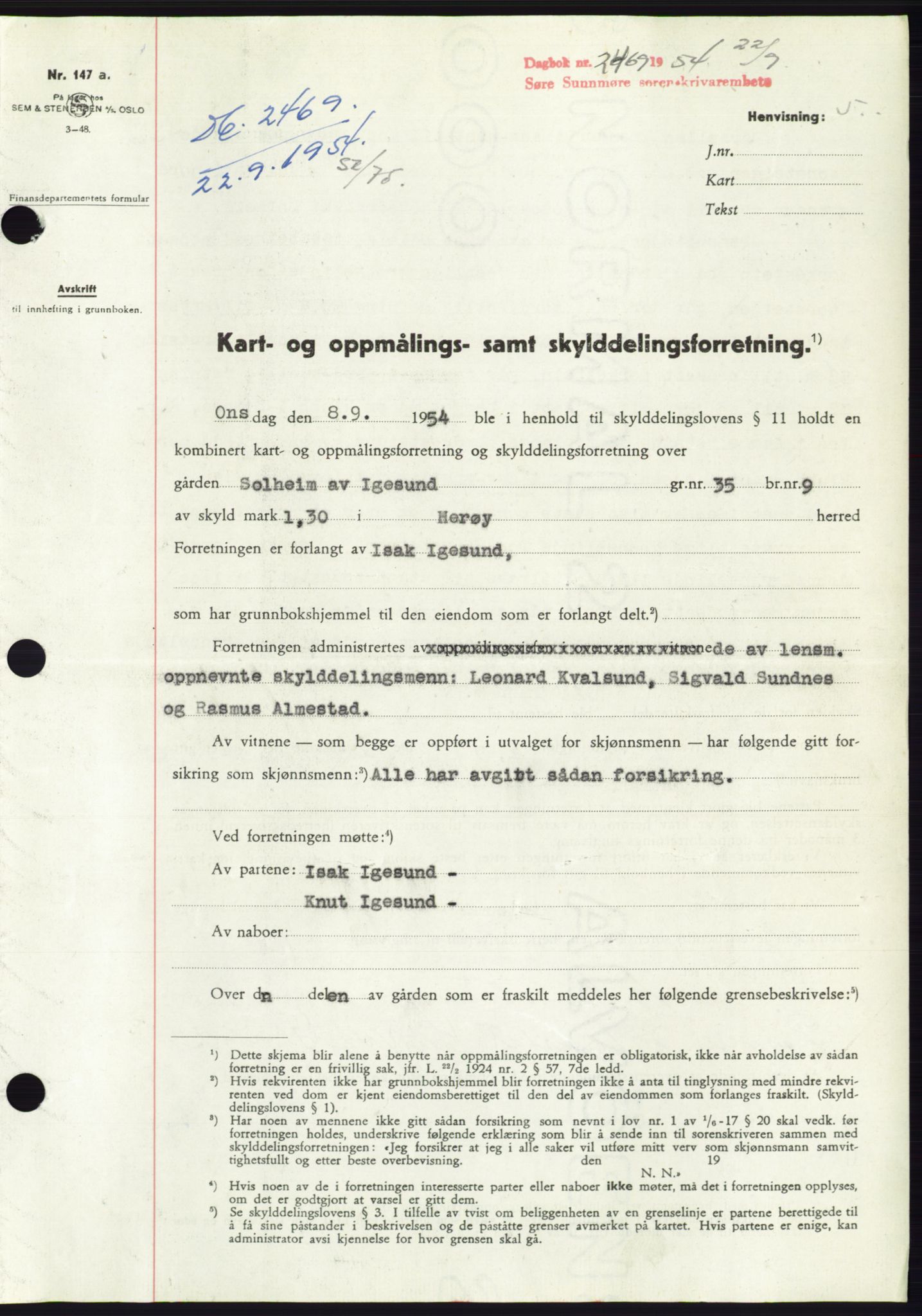 Søre Sunnmøre sorenskriveri, SAT/A-4122/1/2/2C/L0098: Pantebok nr. 24A, 1954-1954, Dagboknr: 2469/1954