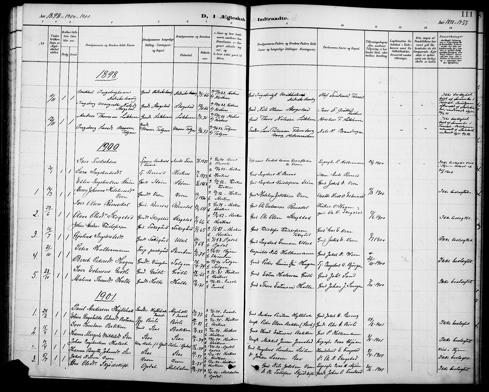 Kvikne prestekontor, AV/SAH-PREST-064/H/Ha/Hab/L0003: Klokkerbok nr. 3, 1896-1918, s. 111