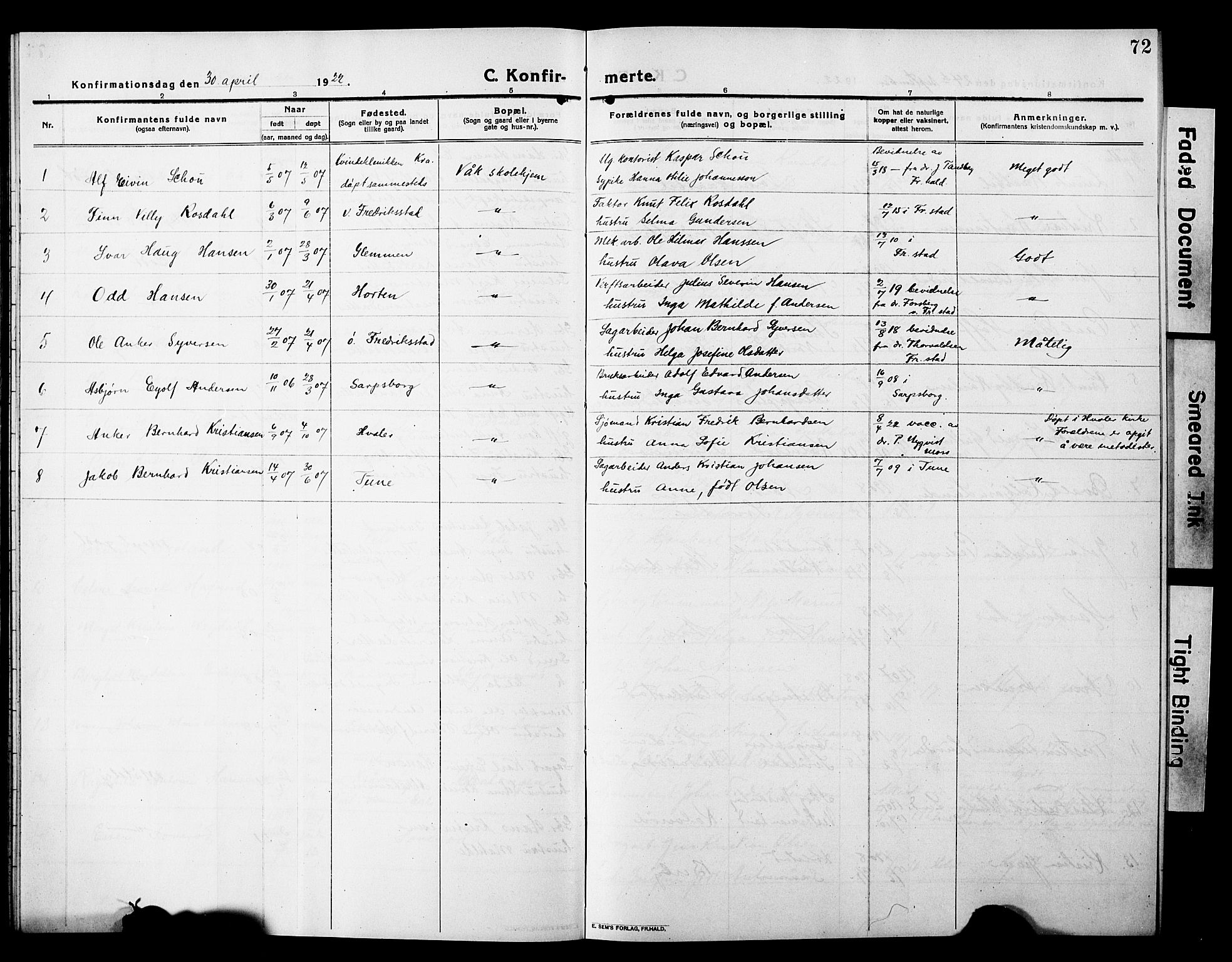 Våler prestekontor Kirkebøker, AV/SAO-A-11083/G/Ga/L0005: Klokkerbok nr. I 5, 1915-1931, s. 72