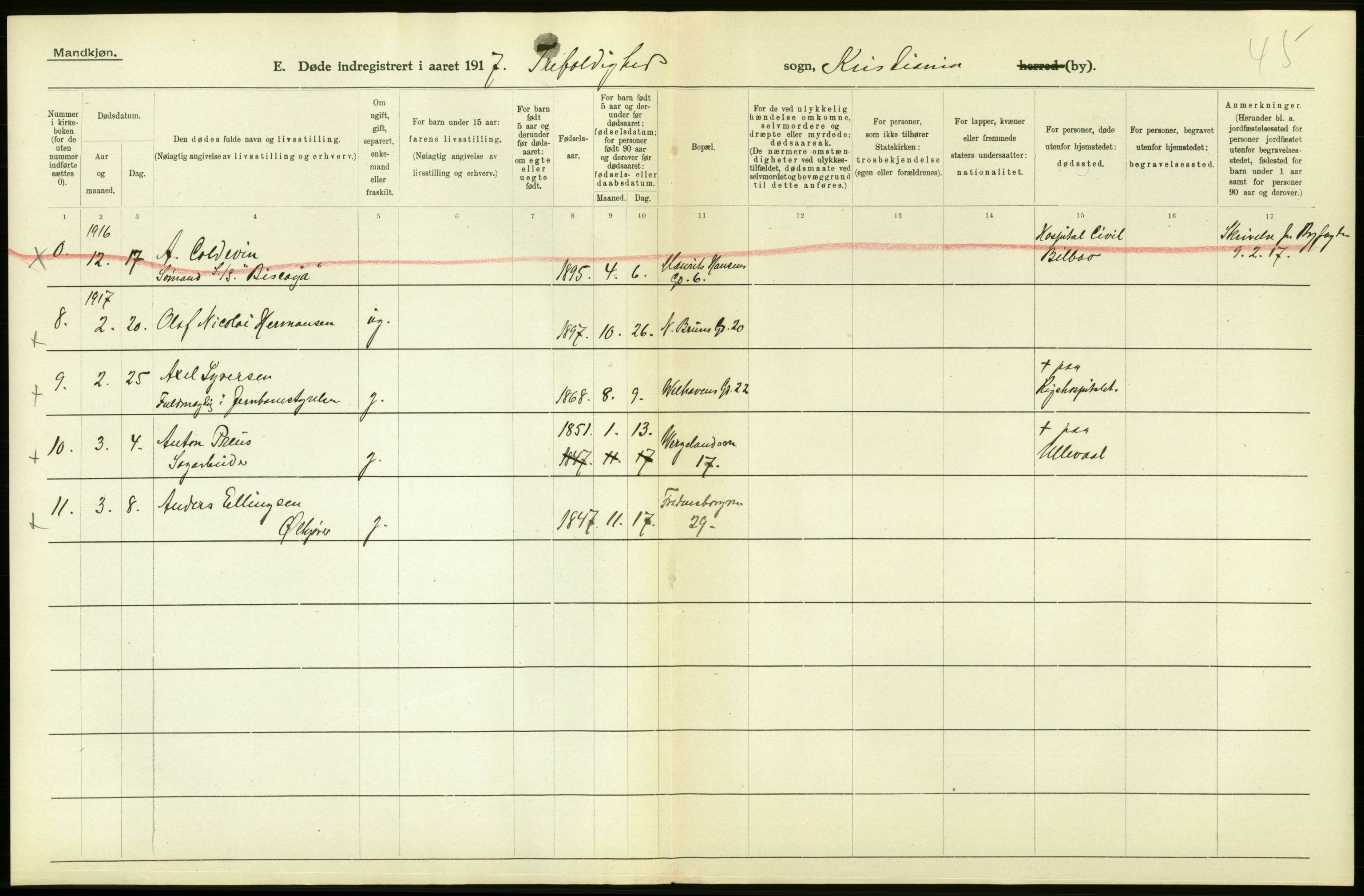 Statistisk sentralbyrå, Sosiodemografiske emner, Befolkning, AV/RA-S-2228/D/Df/Dfb/Dfbg/L0010: Kristiania: Døde, 1917, s. 656