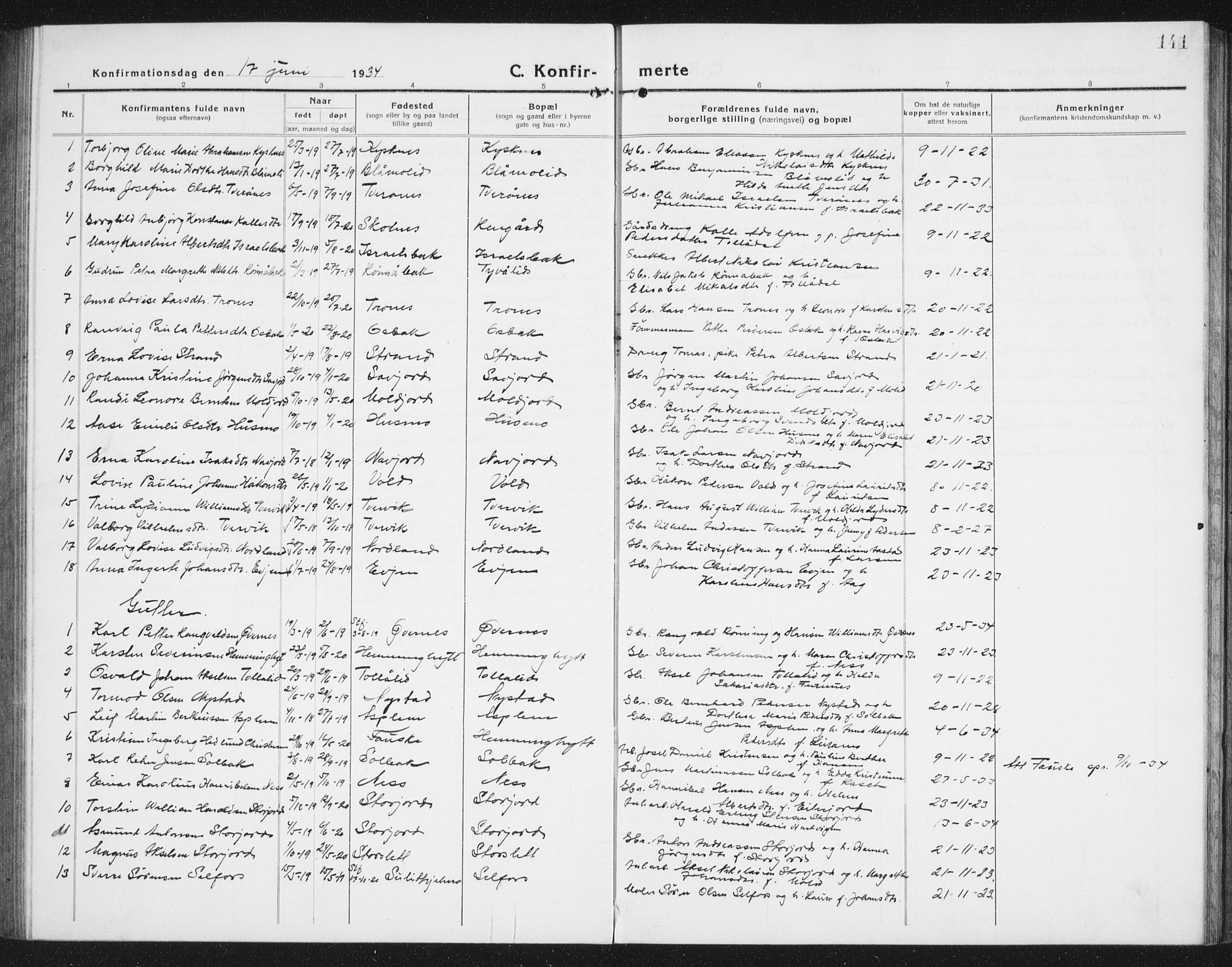 Ministerialprotokoller, klokkerbøker og fødselsregistre - Nordland, SAT/A-1459/846/L0656: Klokkerbok nr. 846C06, 1917-1936, s. 141