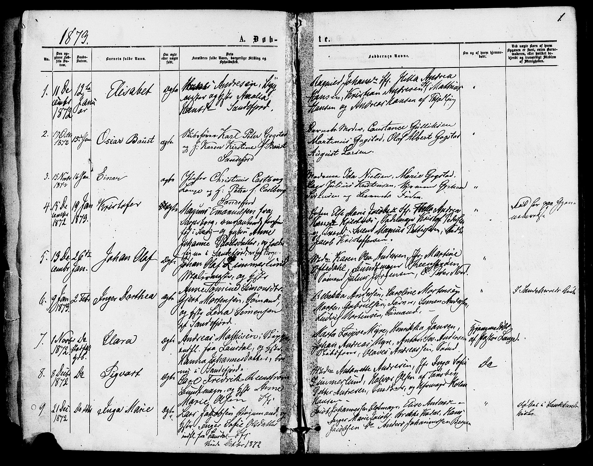 Sandefjord kirkebøker, AV/SAKO-A-315/F/Fa/L0001: Ministerialbok nr. 1, 1873-1879, s. 1