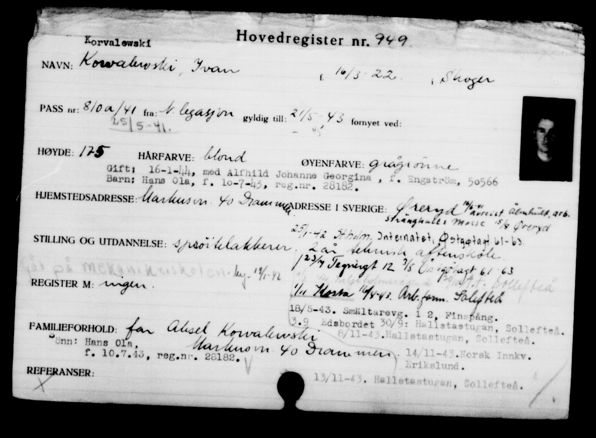 Utenriksstasjonene, Legasjonen i Stockholm, Flyktningkontoret, AV/RA-S-6753/V/Va/L0001: Kjesäterkartoteket, flyktninger med registreringsnr. 1-1000, 1940-1945, s. 1475