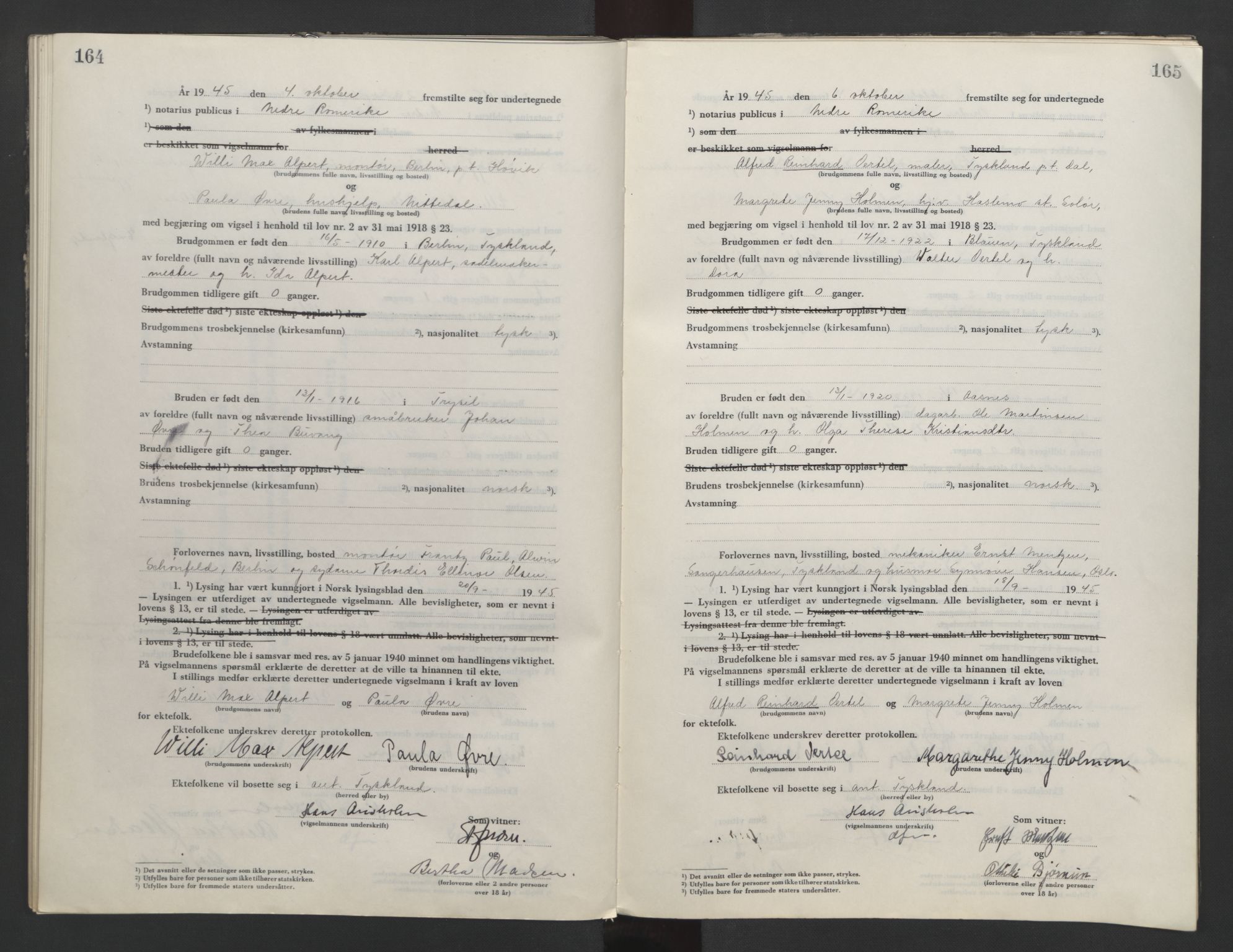 Nedre Romerike sorenskriveri, SAO/A-10469/L/Lb/L0006: Vigselsbok - borgerlige vielser, 1944-1946, s. 164-165