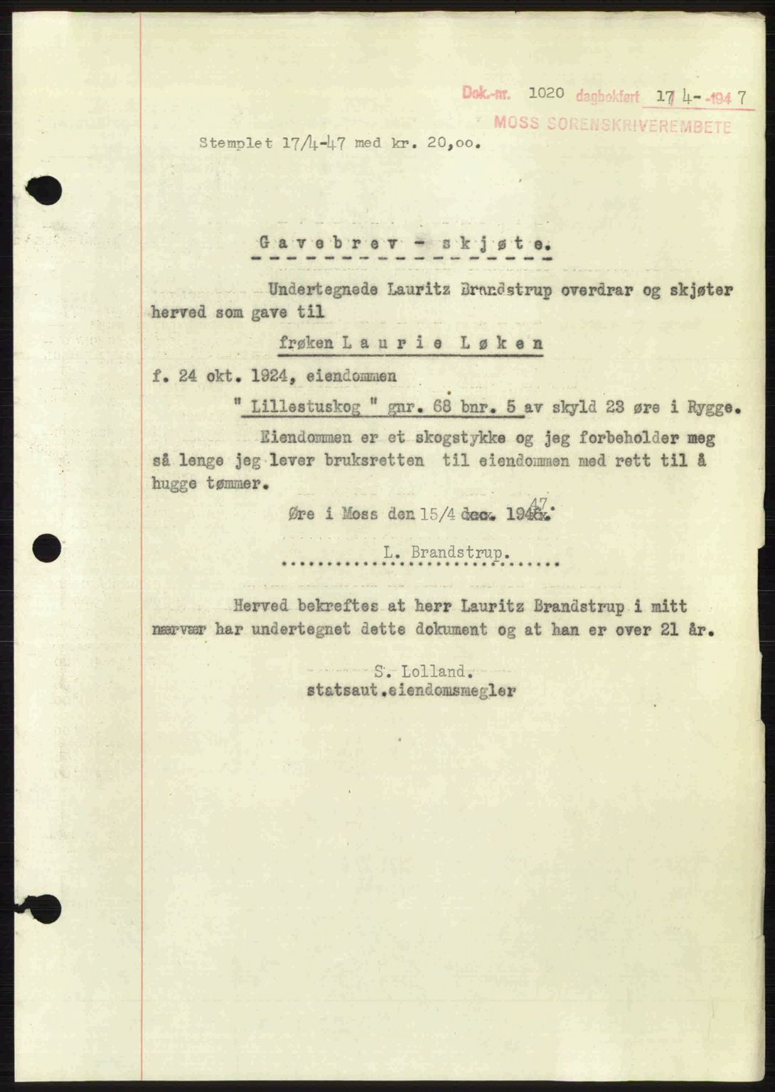 Moss sorenskriveri, SAO/A-10168: Pantebok nr. A17, 1947-1947, Dagboknr: 1020/1947