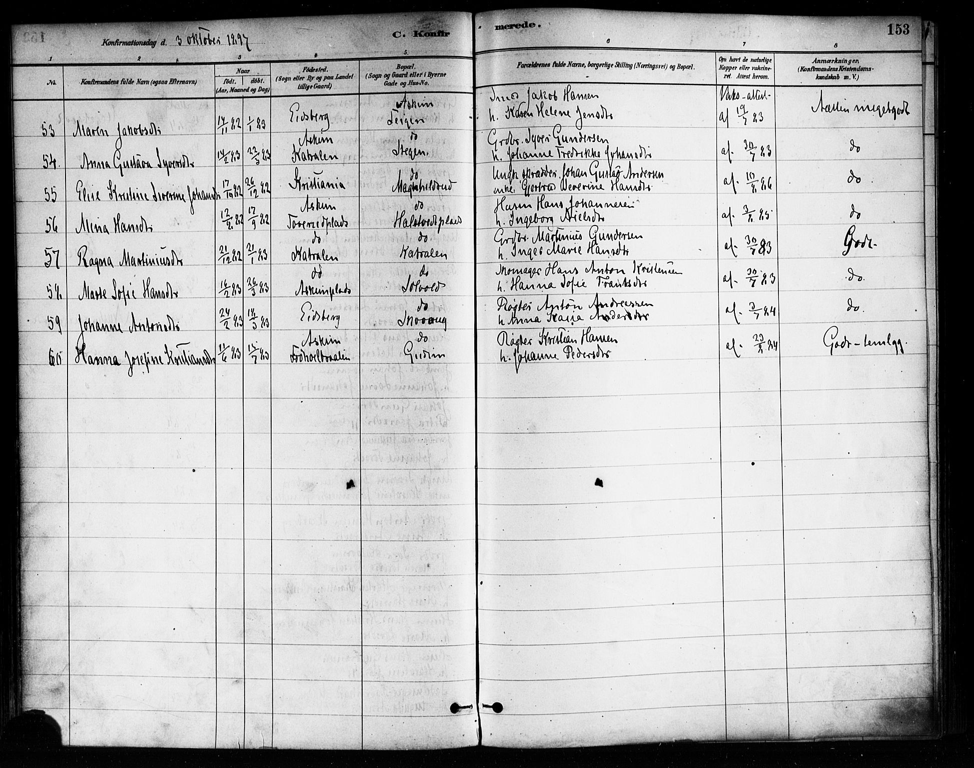 Askim prestekontor Kirkebøker, AV/SAO-A-10900/F/Fa/L0007: Ministerialbok nr. 7, 1882-1897, s. 153