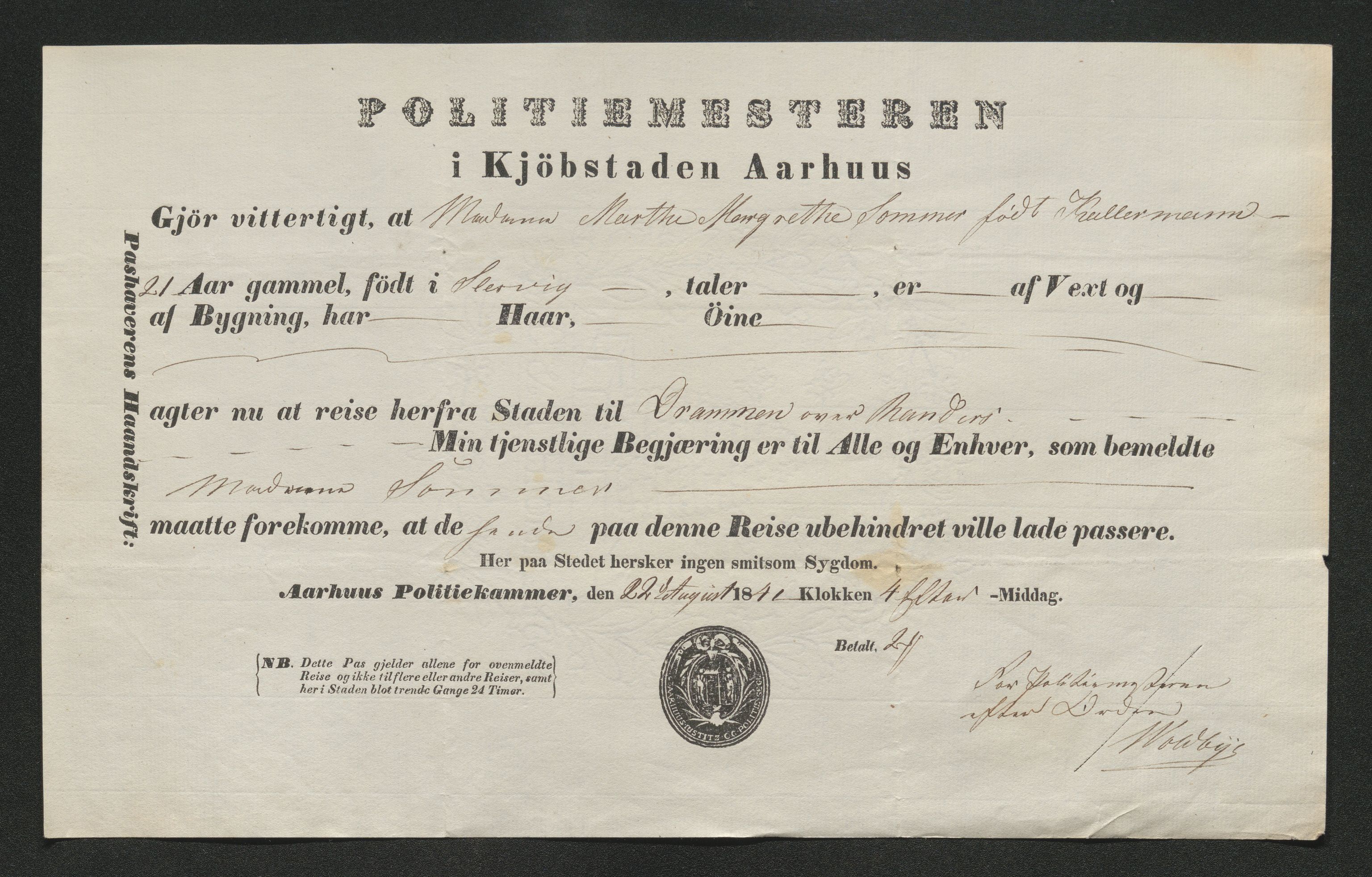 Drammen politikammer, AV/SAKO-A-623/I/Ia/Iab/L0006: Innleverte pass, 1841-1842, s. 248