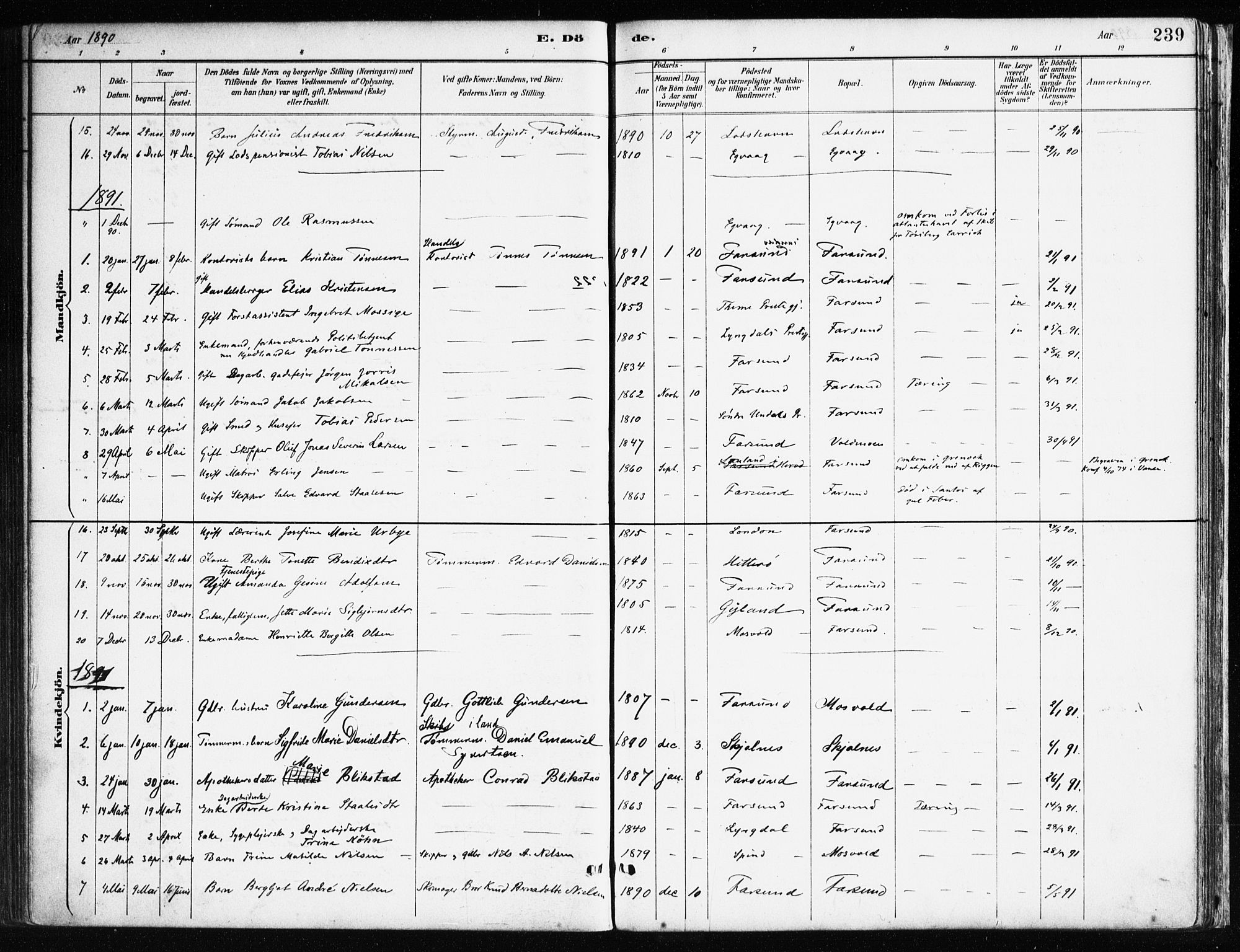 Farsund sokneprestkontor, AV/SAK-1111-0009/F/Fa/L0006: Ministerialbok nr. A 6, 1887-1920, s. 239