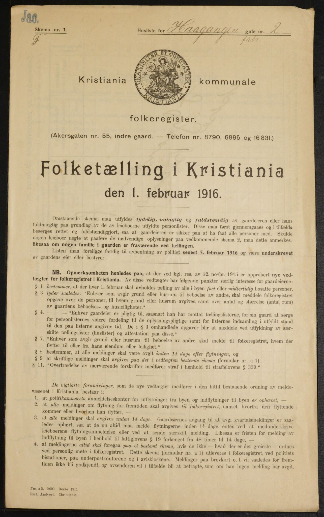 OBA, Kommunal folketelling 1.2.1916 for Kristiania, 1916, s. 43376