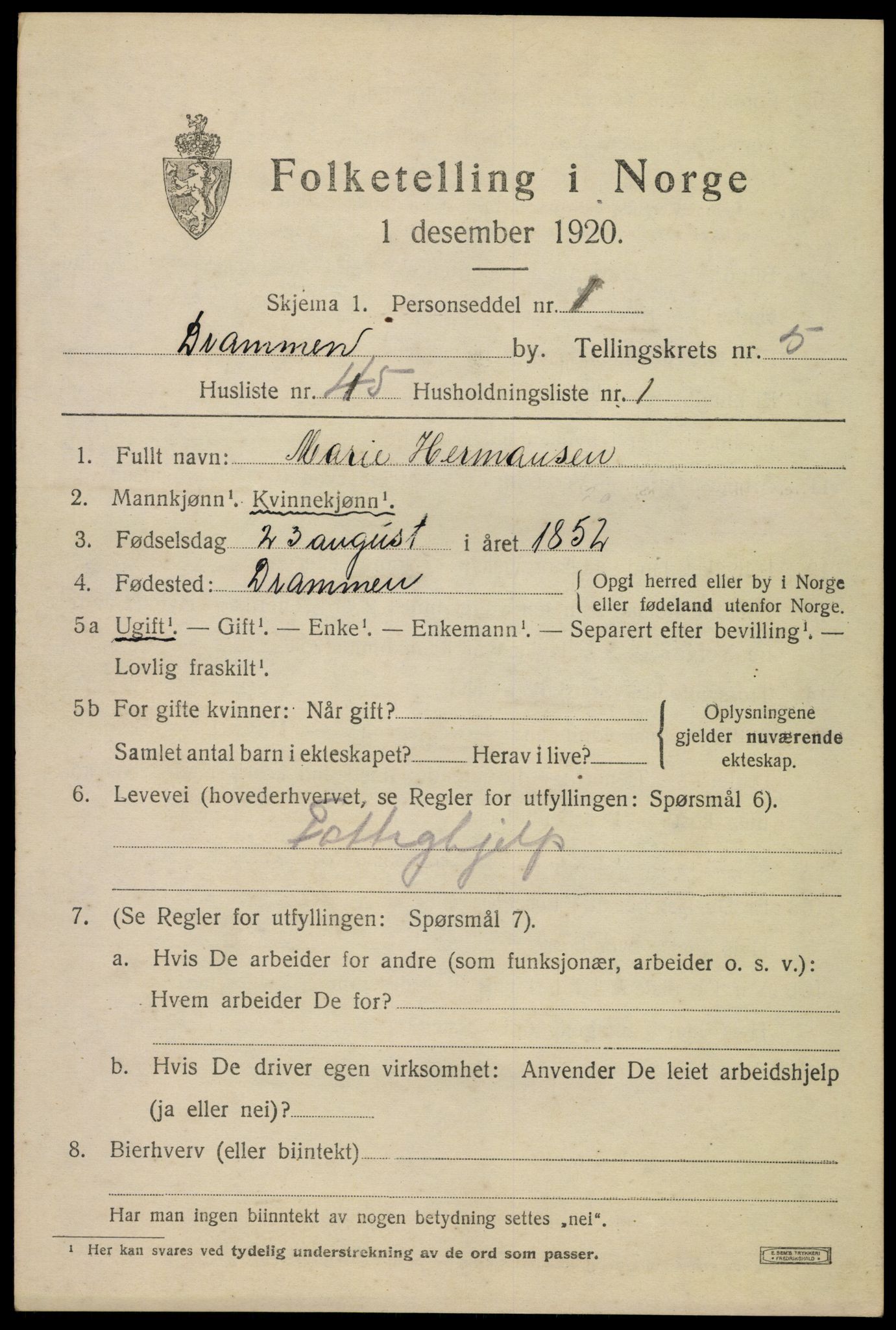 SAKO, Folketelling 1920 for 0602 Drammen kjøpstad, 1920, s. 37091