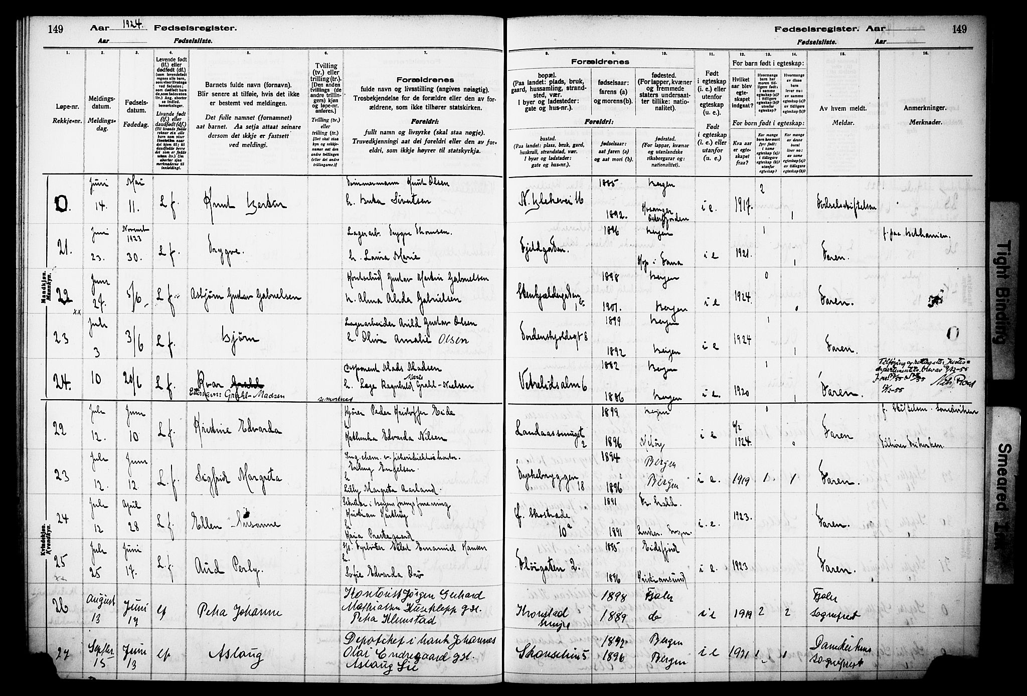 Korskirken sokneprestembete, SAB/A-76101/I/Id/L00A1: Fødselsregister nr. A 1, 1916-1929, s. 149