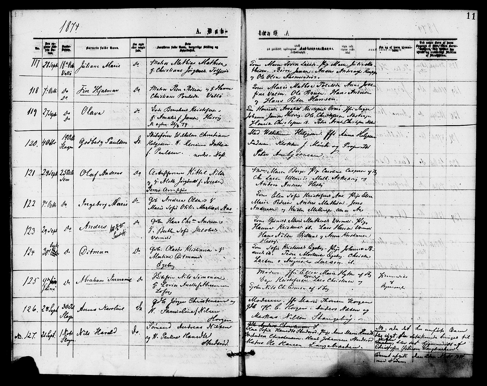 Sem kirkebøker, AV/SAKO-A-5/F/Fa/L0009: Ministerialbok nr. I 9, 1874-1877, s. 11