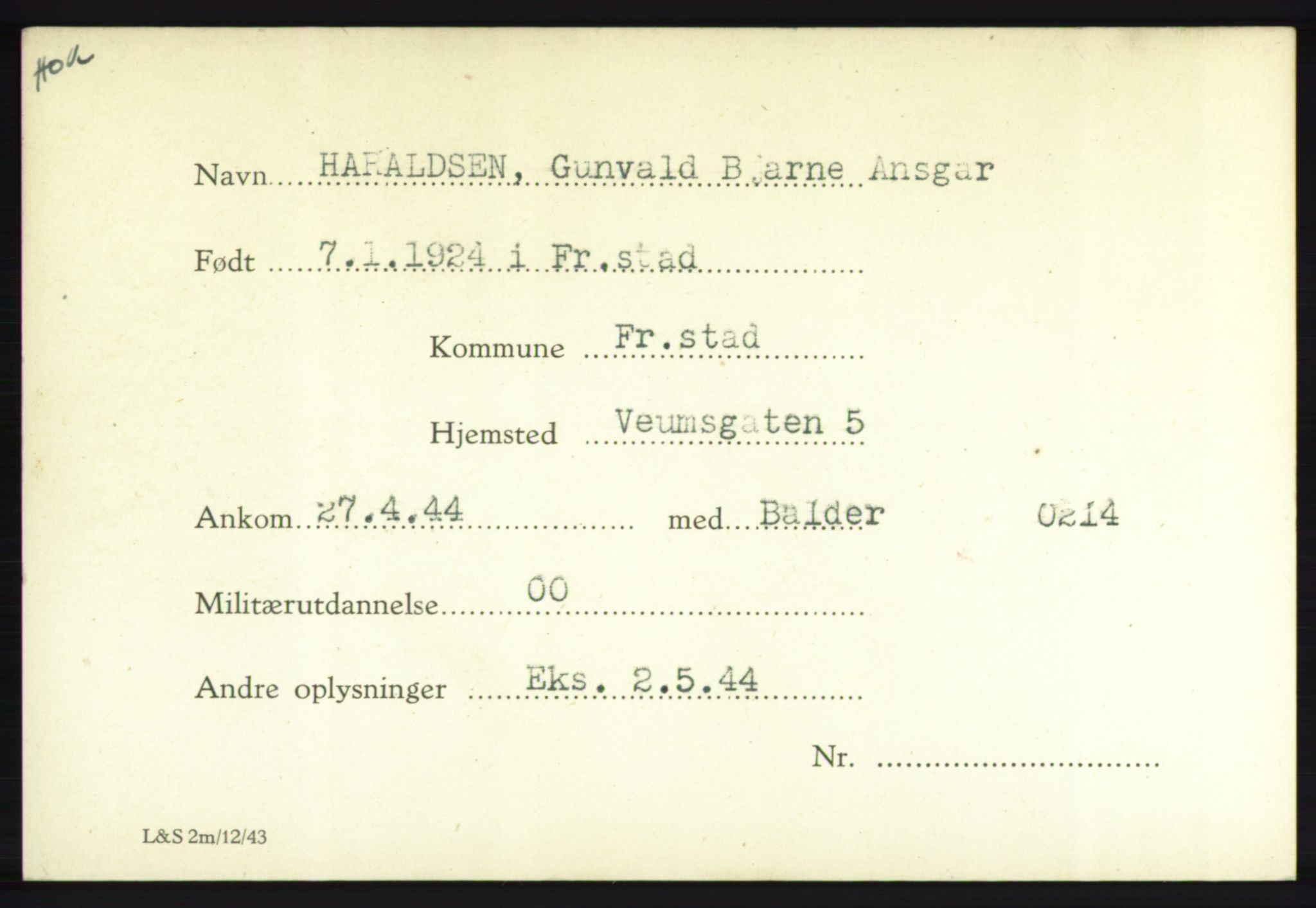 Forsvarets Overkommando. 2. kontor. Arkiv 8.1. Mottakersentralen FDE og FO.II, RA/RAFA-6952/P/Pa/L0008: Haraldsen - Holone, 1940-1945, s. 4