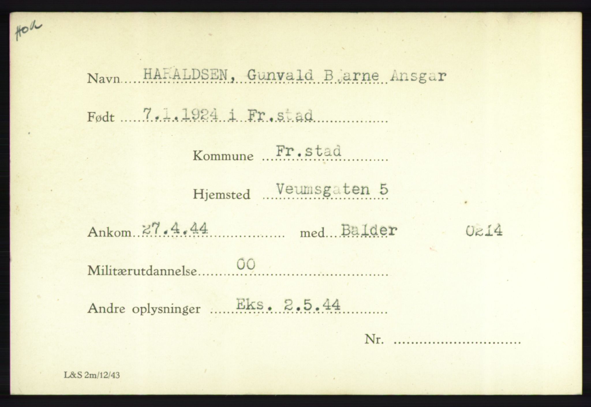 Forsvarets Overkommando. 2. kontor. Arkiv 8.1. Mottakersentralen FDE og FO.II, AV/RA-RAFA-6952/P/Pa/L0008: Haraldsen - Holone, 1940-1945, s. 4