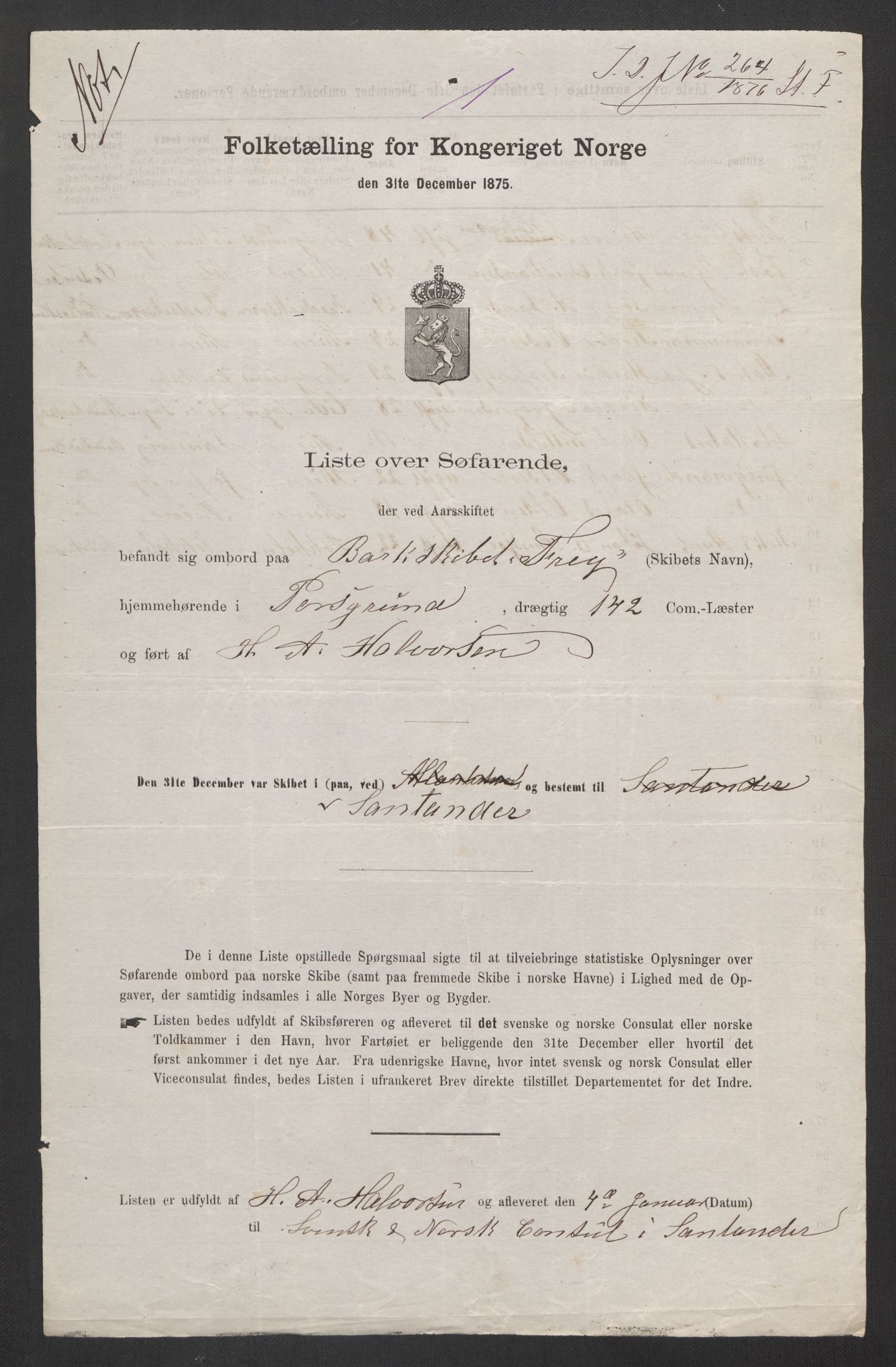 RA, Folketelling 1875, skipslister: Skip i utenrikske havner, hjemmehørende i byer og ladesteder, Fredrikshald - Arendal, 1875, s. 797