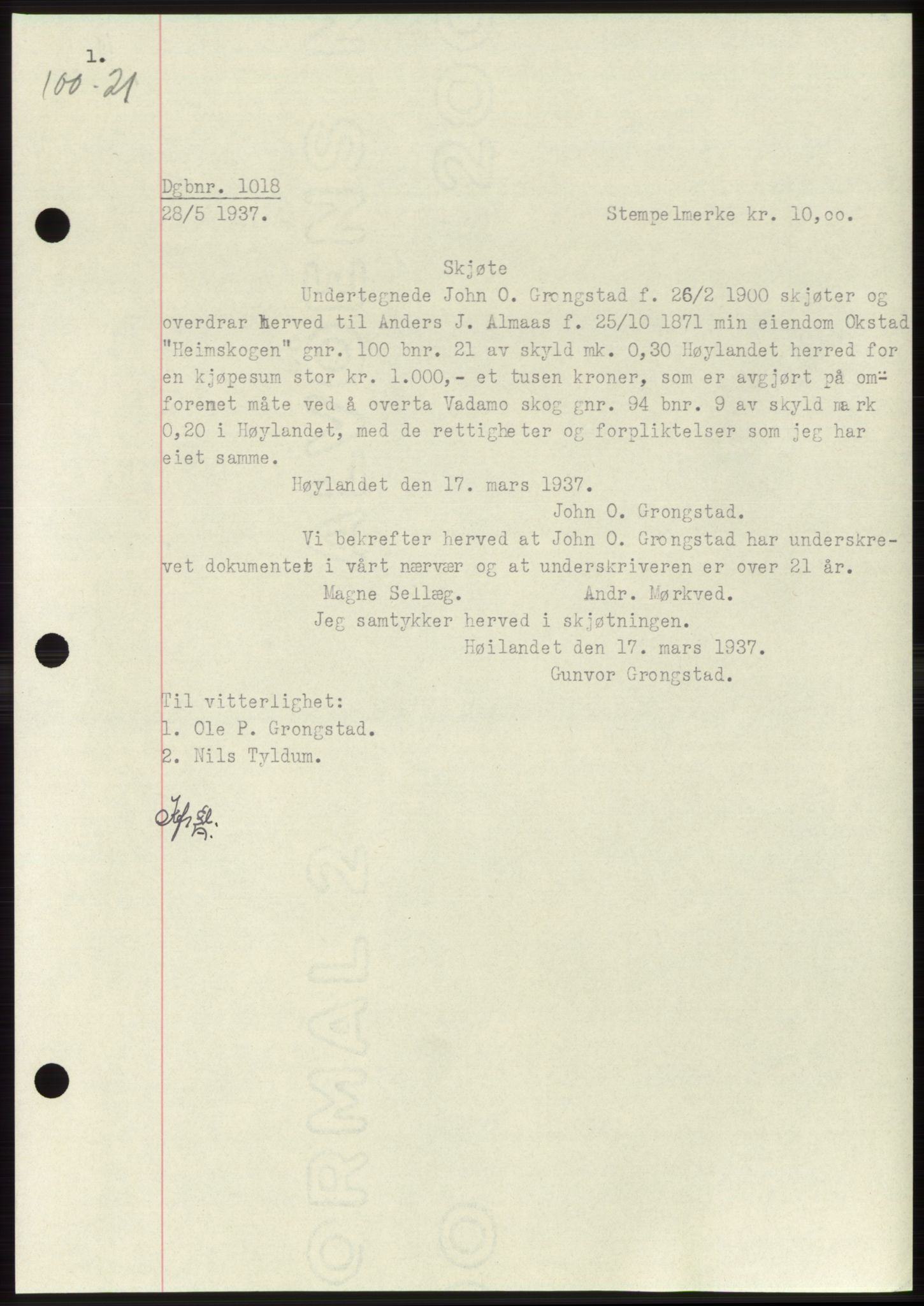 Namdal sorenskriveri, SAT/A-4133/1/2/2C: Pantebok nr. -, 1937-1939, Tingl.dato: 28.05.1937