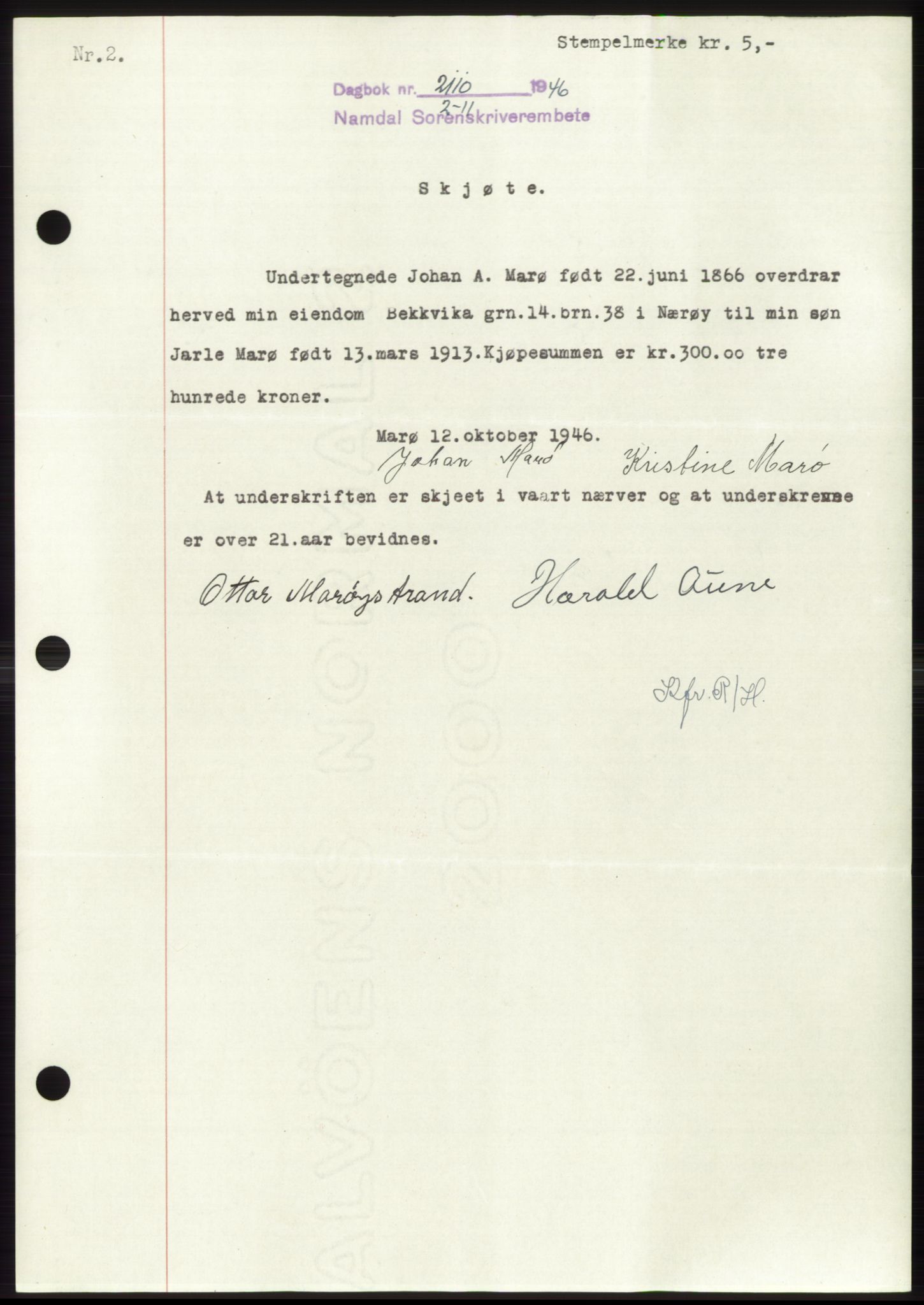 Namdal sorenskriveri, SAT/A-4133/1/2/2C: Pantebok nr. -, 1946-1947, Dagboknr: 2110/1946