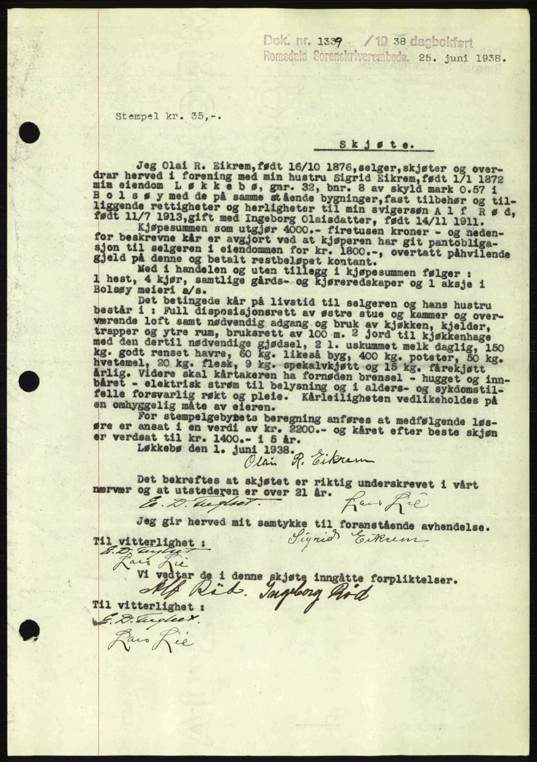 Romsdal sorenskriveri, SAT/A-4149/1/2/2C: Pantebok nr. A5, 1938-1938, Dagboknr: 1339/1938