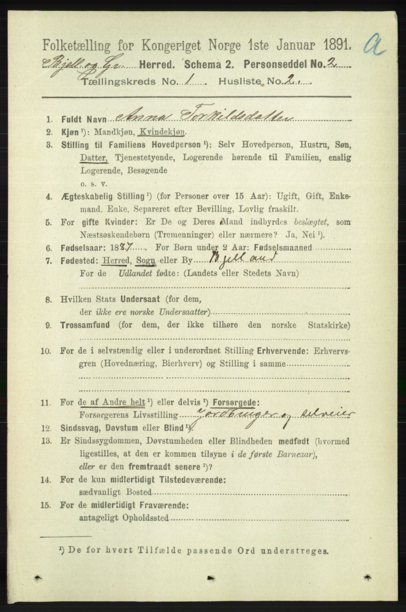 RA, Folketelling 1891 for 1024 Bjelland og Grindheim herred, 1891, s. 64