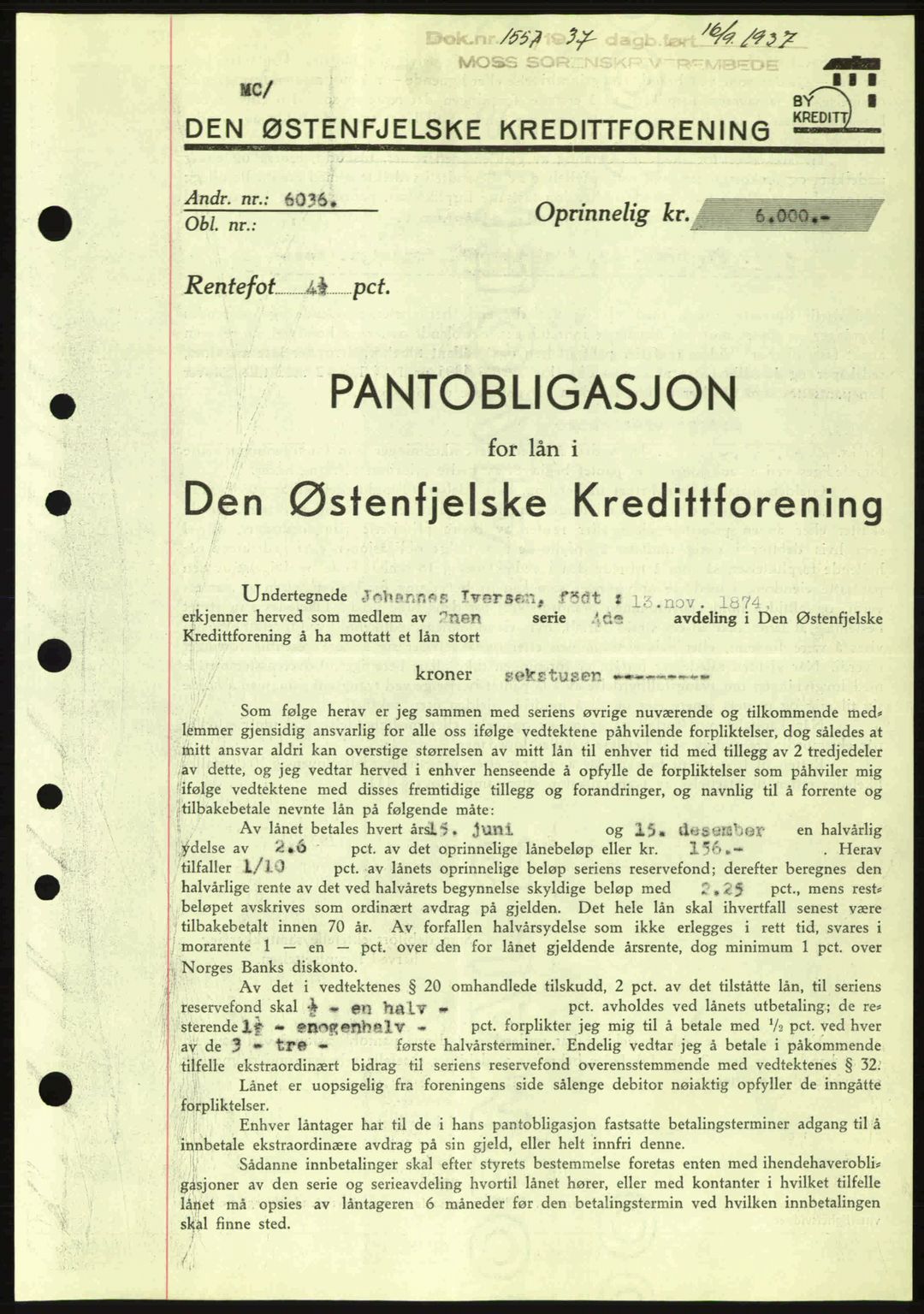 Moss sorenskriveri, SAO/A-10168: Pantebok nr. B4, 1937-1938, Dagboknr: 1557/1937