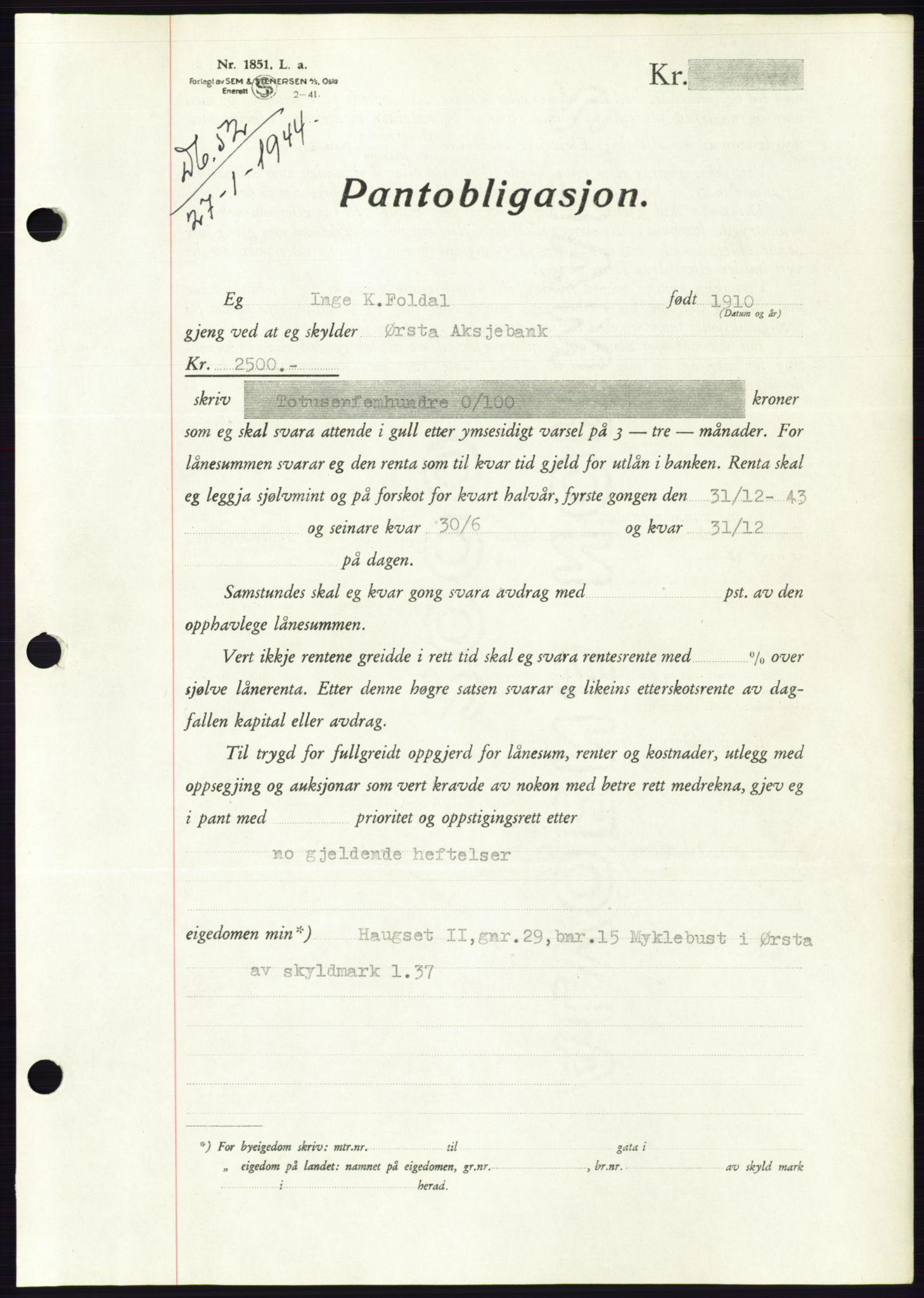 Søre Sunnmøre sorenskriveri, AV/SAT-A-4122/1/2/2C/L0114: Pantebok nr. 1-2B, 1943-1947, Dagboknr: 52/1944