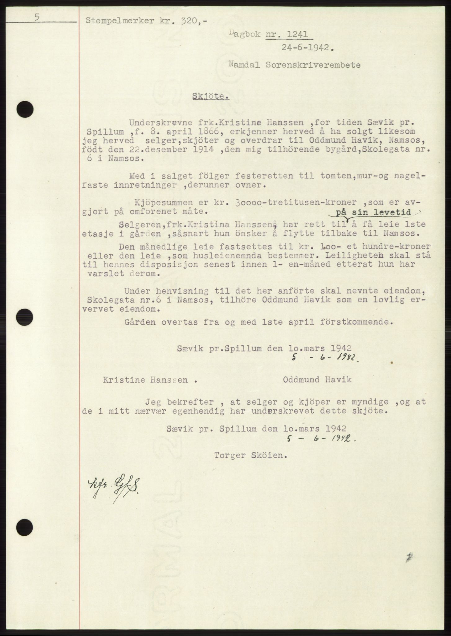 Namdal sorenskriveri, SAT/A-4133/1/2/2C: Pantebok nr. -, 1941-1942, Dagboknr: 1241/1942