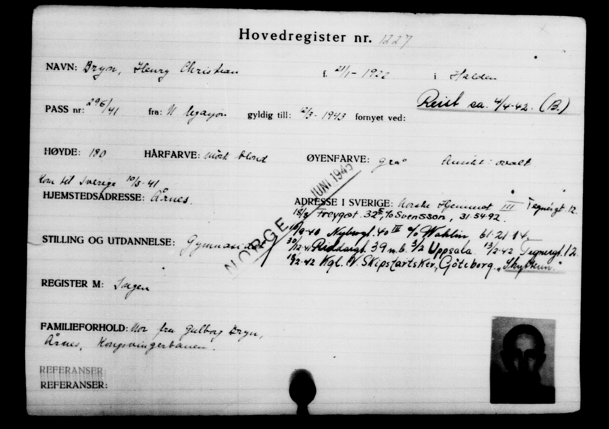 Utenriksstasjonene, Legasjonen i Stockholm, Flyktningkontoret, AV/RA-S-6753/V/Va/L0002: Kjesäterkartoteket, flyktninger med registreringsnr. 1001-2000, 1940-1945, s. 343