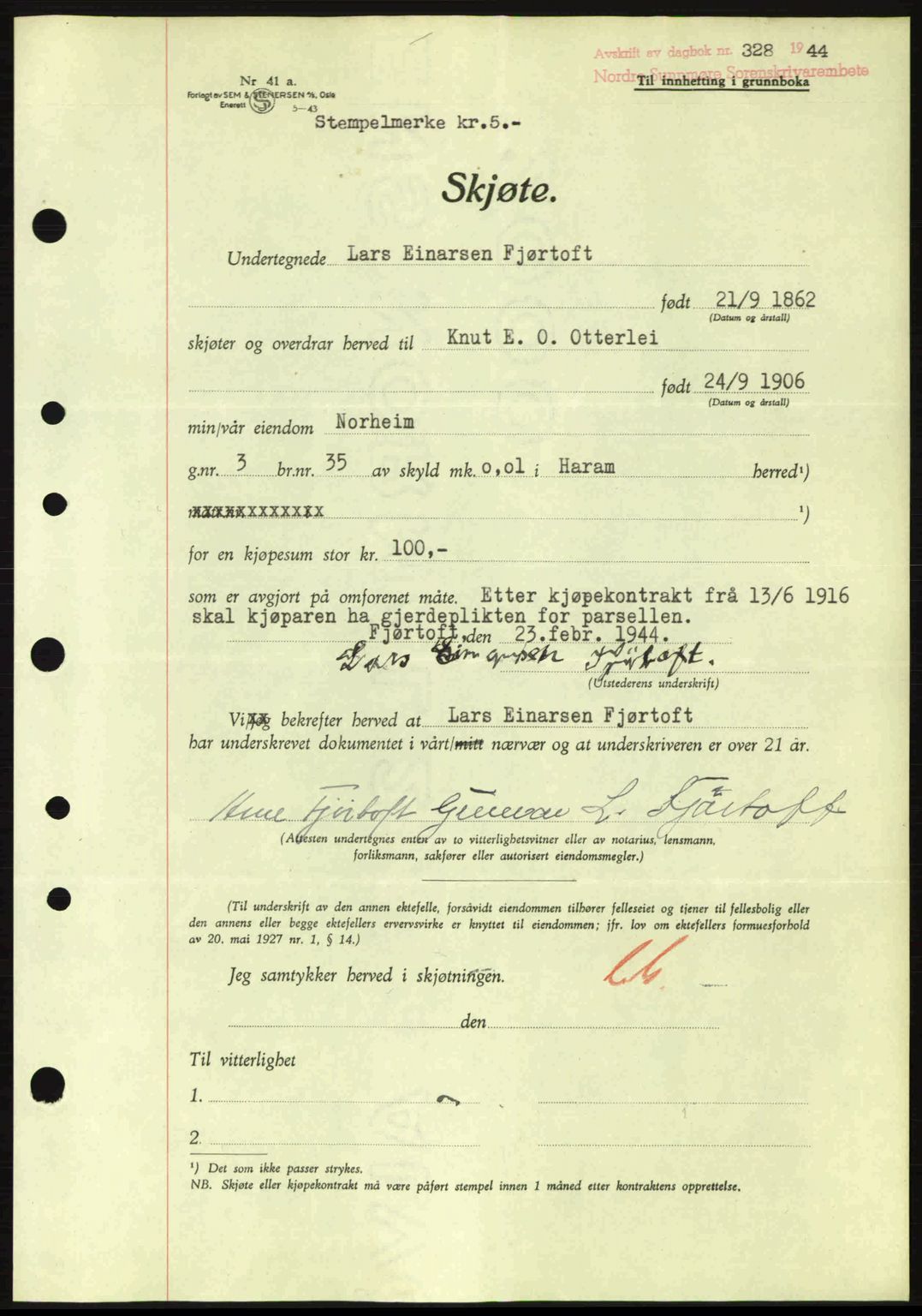 Nordre Sunnmøre sorenskriveri, AV/SAT-A-0006/1/2/2C/2Ca: Pantebok nr. A17, 1943-1944, Dagboknr: 328/1944