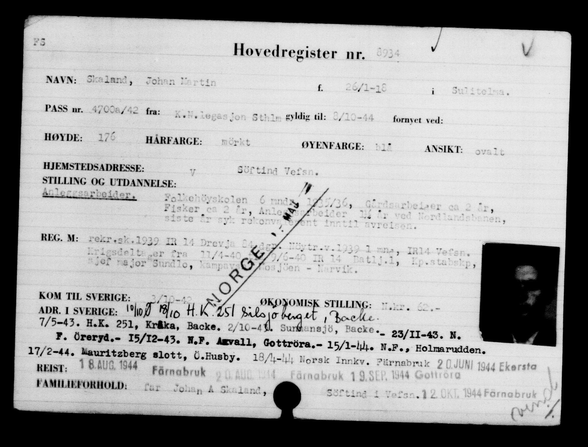 Utenriksstasjonene, Legasjonen i Stockholm, Flyktningkontoret, AV/RA-S-6753/V/Va/L0005: Kjesäterkartoteket, flyktninger med registreringsnr. 6600-9417, 1940-1945, s. 2741
