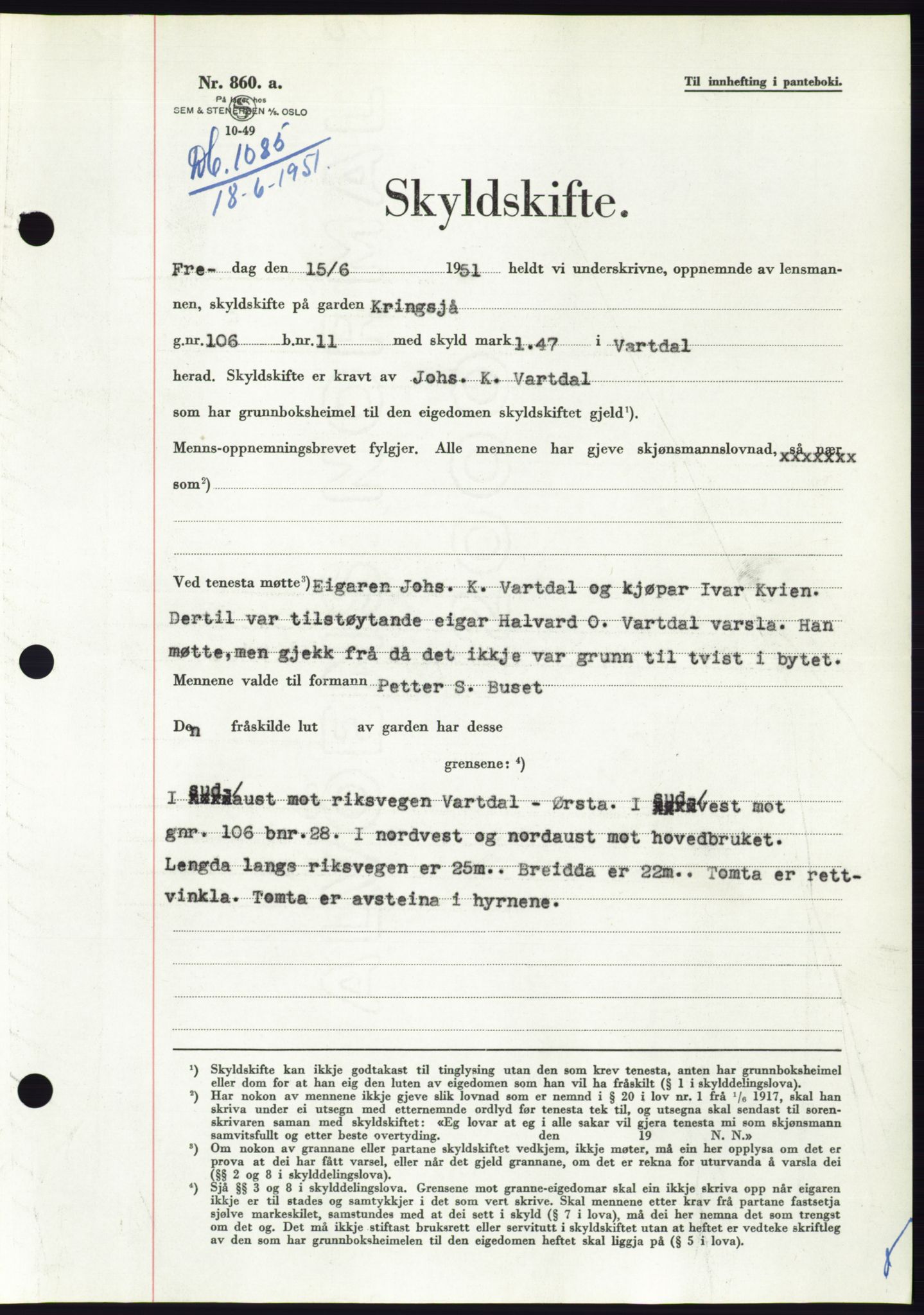 Søre Sunnmøre sorenskriveri, SAT/A-4122/1/2/2C/L0089: Pantebok nr. 15A, 1951-1951, Dagboknr: 1085/1951