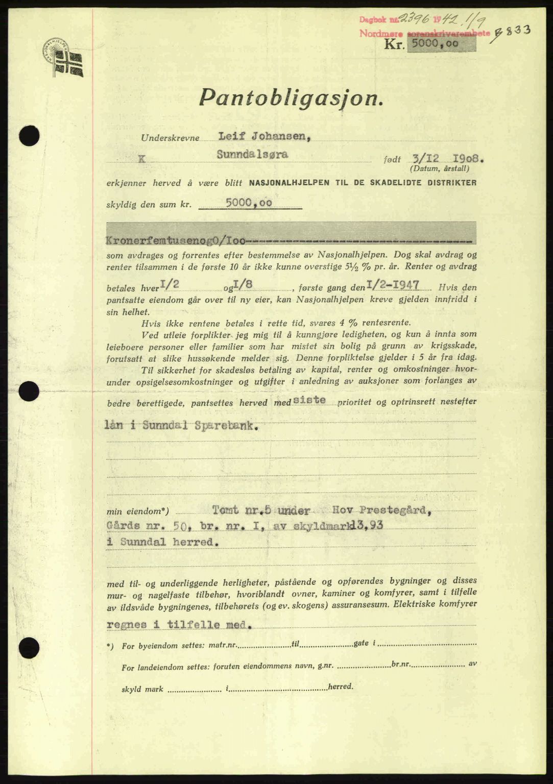 Nordmøre sorenskriveri, AV/SAT-A-4132/1/2/2Ca: Pantebok nr. B89, 1942-1942, Dagboknr: 2396/1942