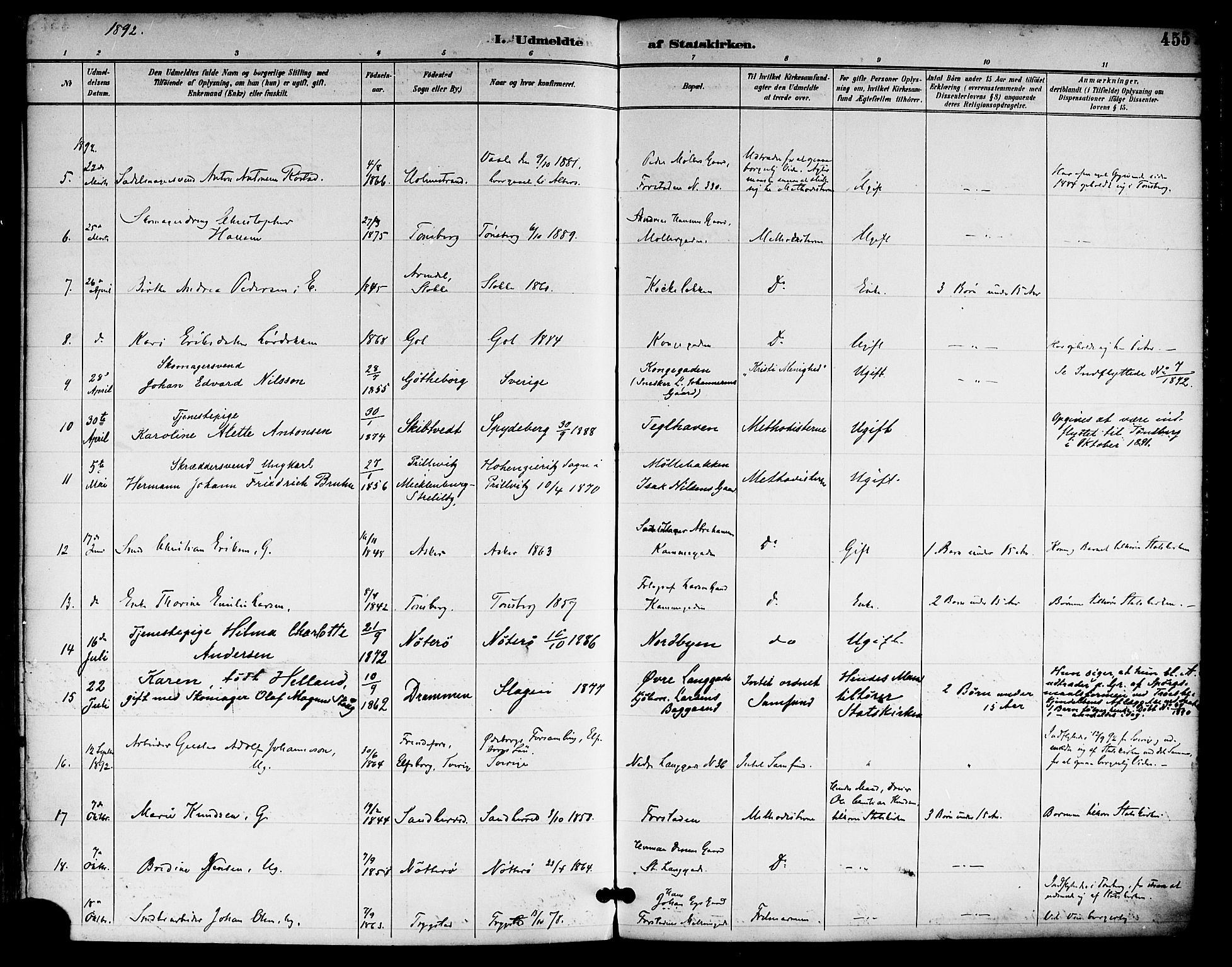Tønsberg kirkebøker, AV/SAKO-A-330/F/Fa/L0012: Ministerialbok nr. I 12, 1891-1899, s. 455