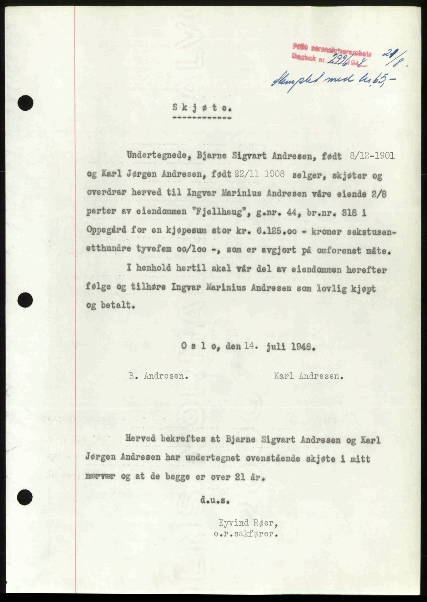Follo sorenskriveri, SAO/A-10274/G/Ga/Gaa/L0085: Pantebok nr. I 85, 1948-1948, Dagboknr: 2996/1948