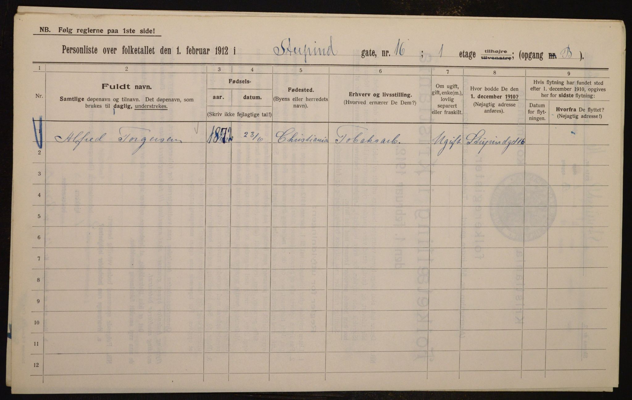 OBA, Kommunal folketelling 1.2.1912 for Kristiania, 1912, s. 104610