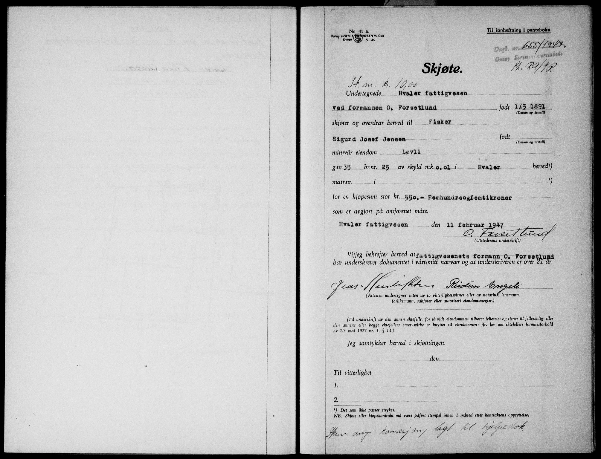 Onsøy sorenskriveri, SAO/A-10474/G/Ga/Gab/L0019a: Pantebok nr. II A-19, 1947-1947, Dagboknr: 655/1947