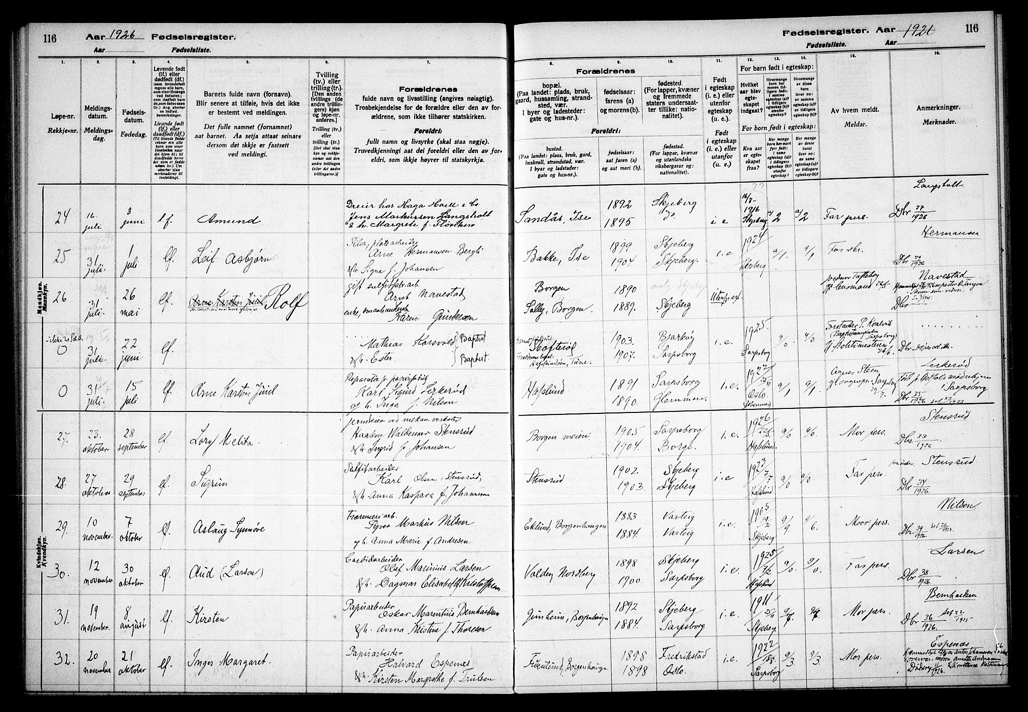 Skjeberg prestekontor Kirkebøker, SAO/A-10923/J/Jd/L0001: Fødselsregister nr. IV 1, 1916-1935, s. 116