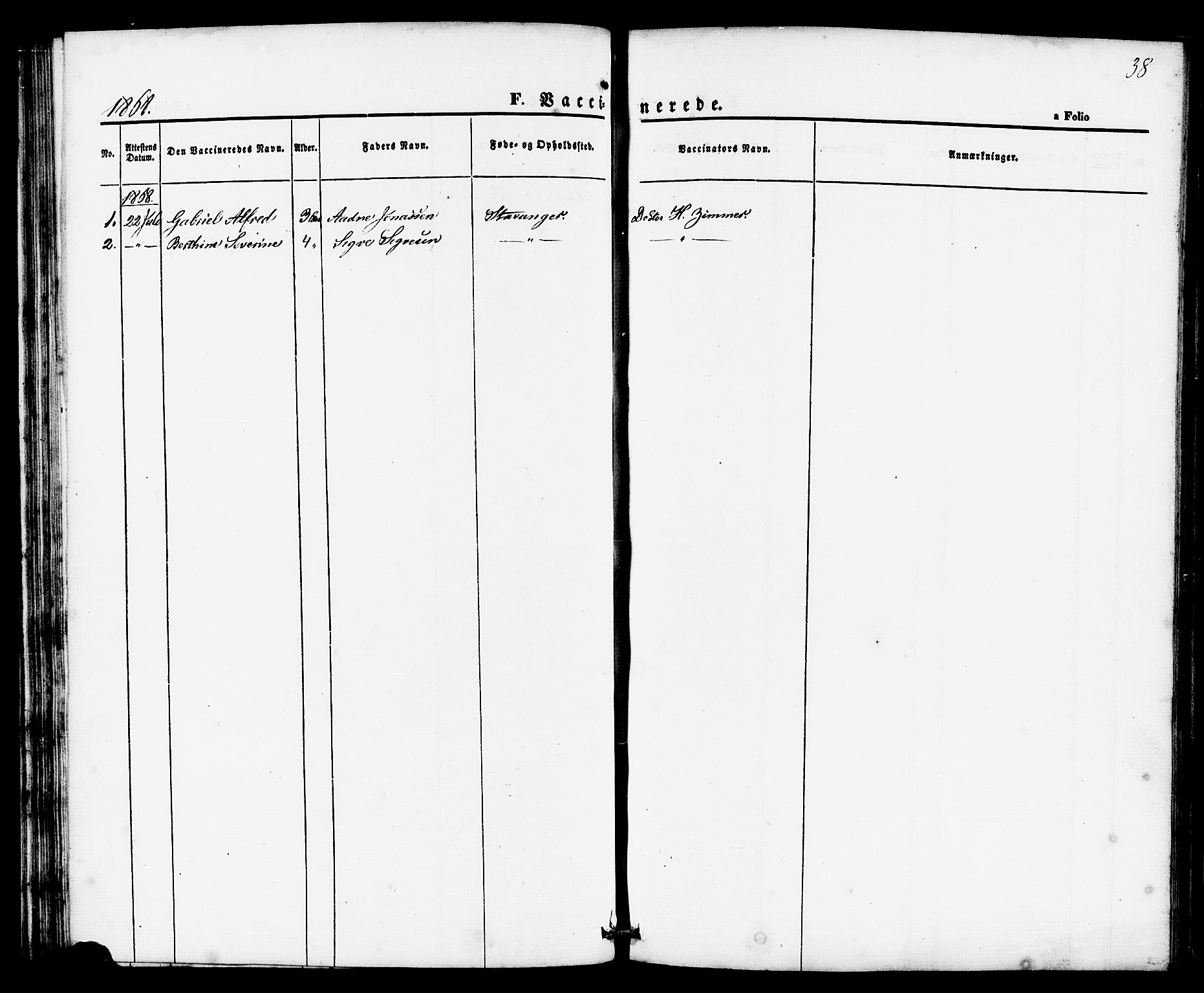 Domkirken sokneprestkontor, SAST/A-101812/001/30/30BE/L0002: Vaksinasjonsprotokoll nr. 2, 1860-1868, s. 38