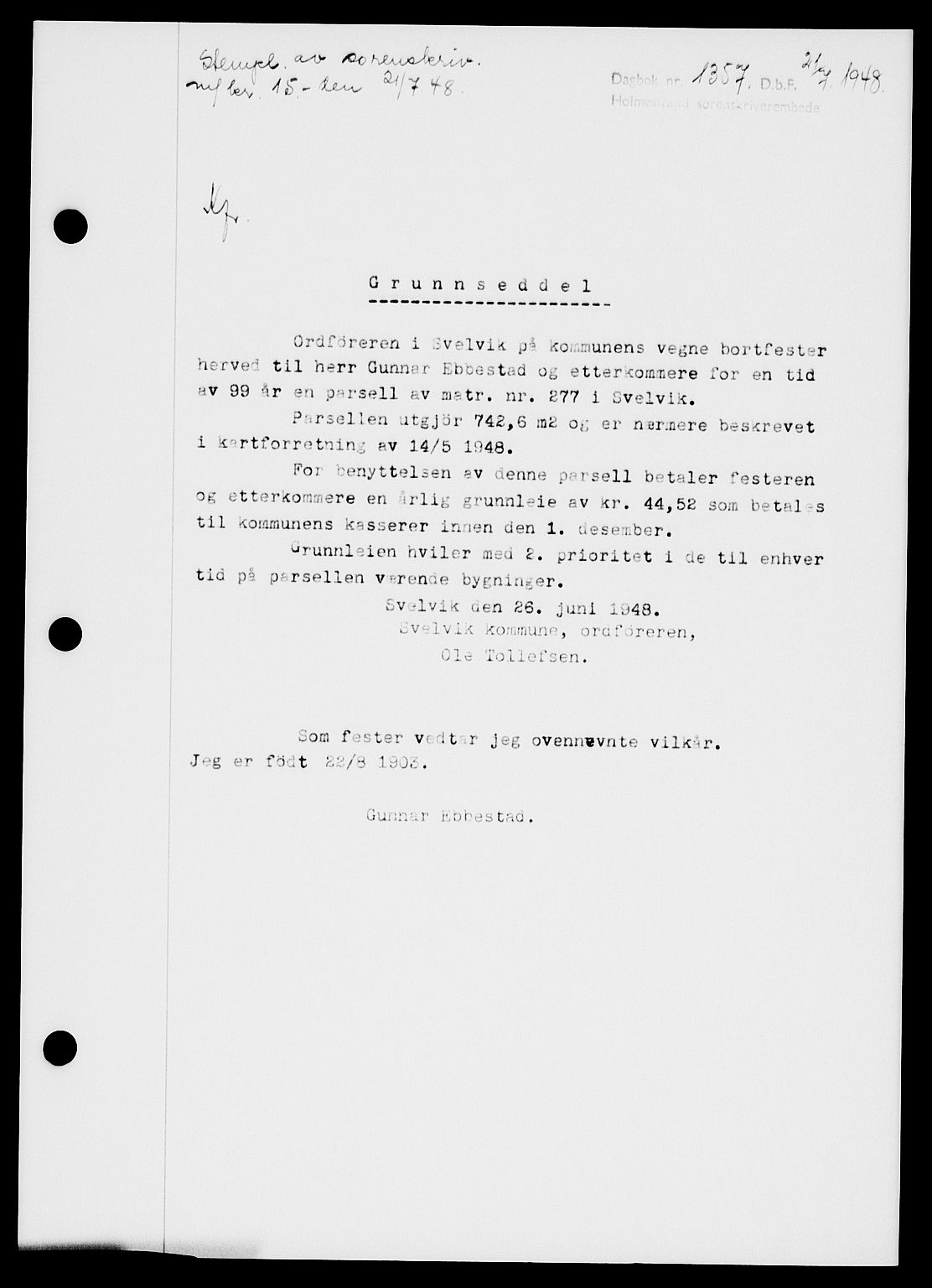 Holmestrand sorenskriveri, SAKO/A-67/G/Ga/Gaa/L0064: Pantebok nr. A-64, 1948-1948, Dagboknr: 1357/1948