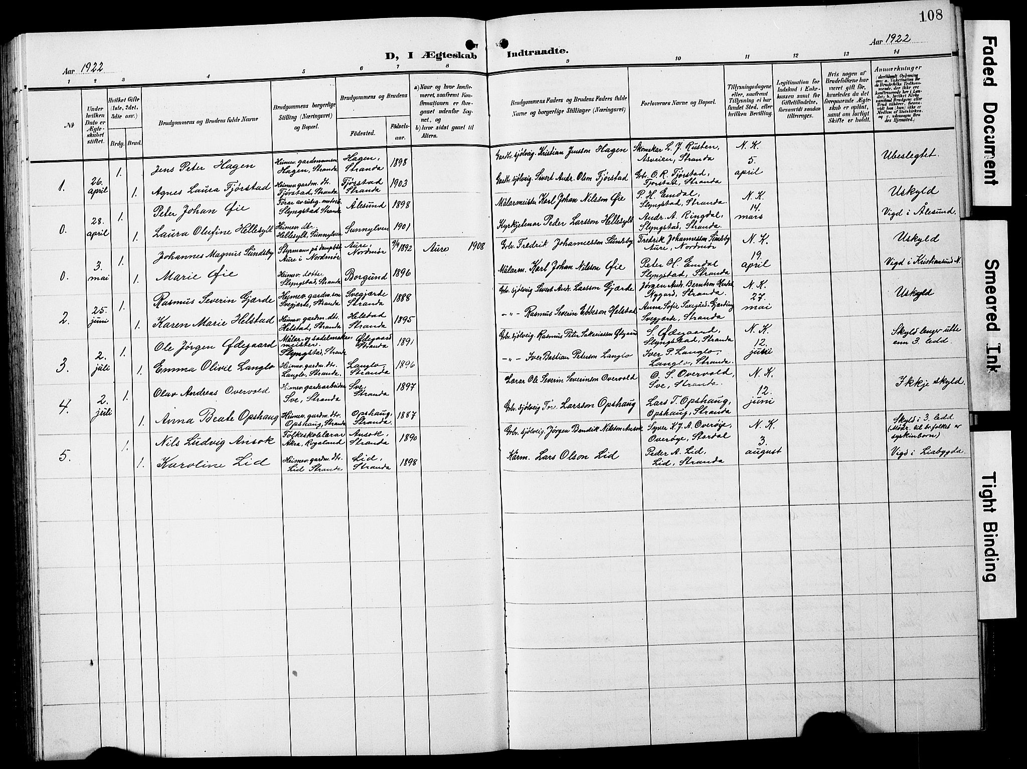 Ministerialprotokoller, klokkerbøker og fødselsregistre - Møre og Romsdal, SAT/A-1454/520/L0293: Klokkerbok nr. 520C05, 1902-1923, s. 108